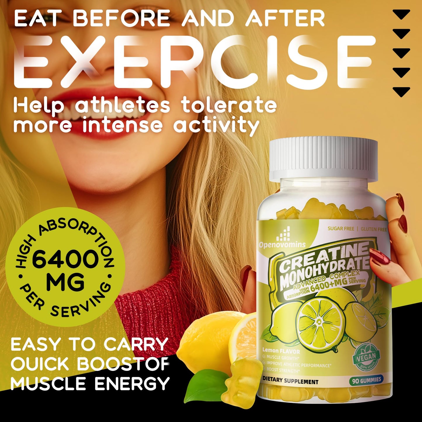 Creatine Monohydrate Gummies Complex for Men & Women -Advanced Formula W/L-Taurine + Vitamin B12, Sugar Free Chewable Supplement,90 Lemon Gummies Openovomins
