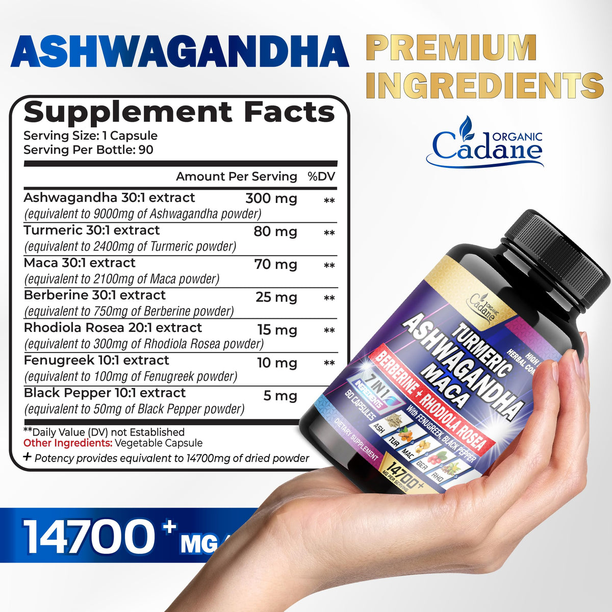 Ashwagandha Supplements 14700mg - Memory, Immune System & Strength Support Organic Cadane