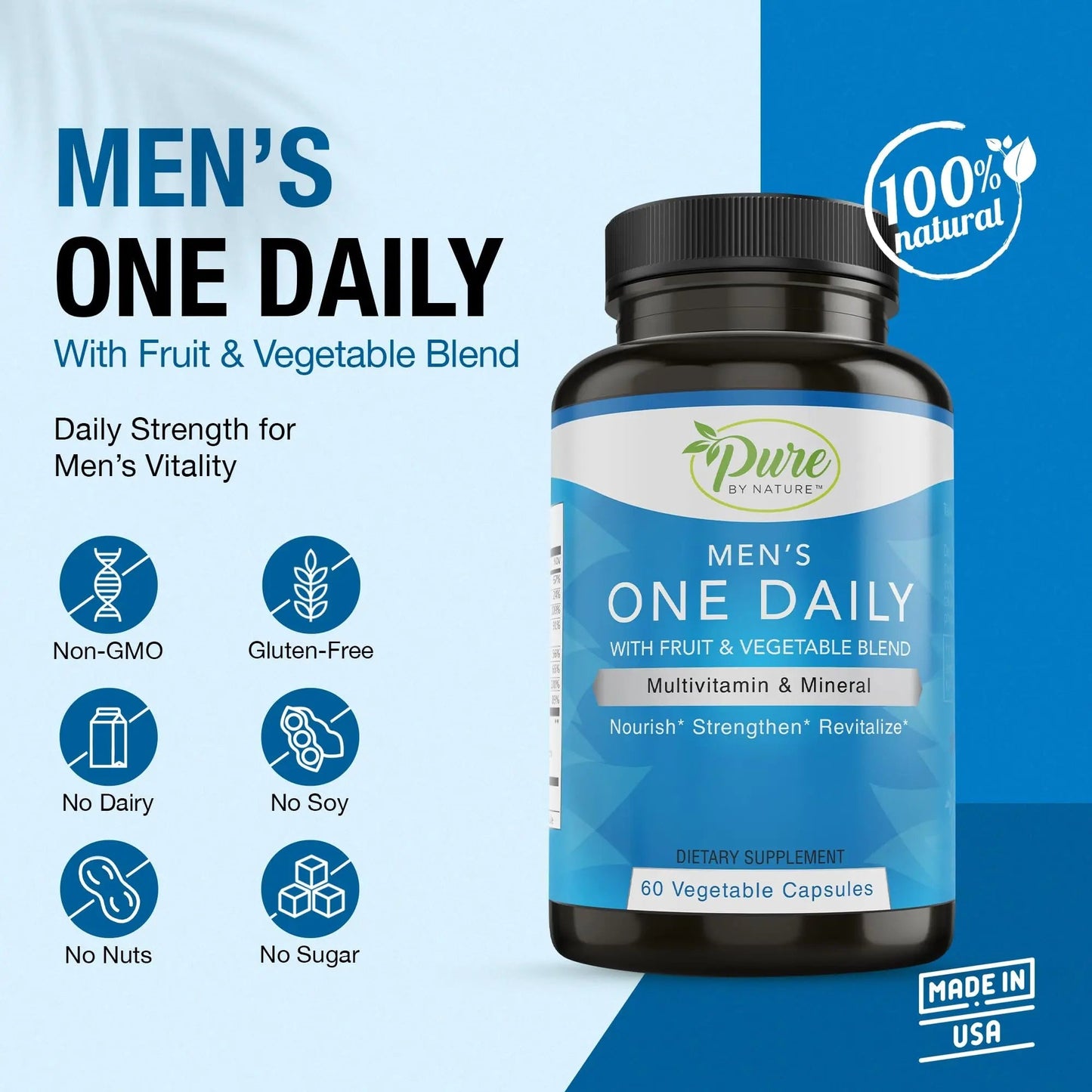 Pure By Nature One-Daily Multivitamin for Men, Immune Support Supplement with Non-GMO Ingredient, Vitamin & Minerals for Energy, 60 Veggie Capsules Pure By Nature