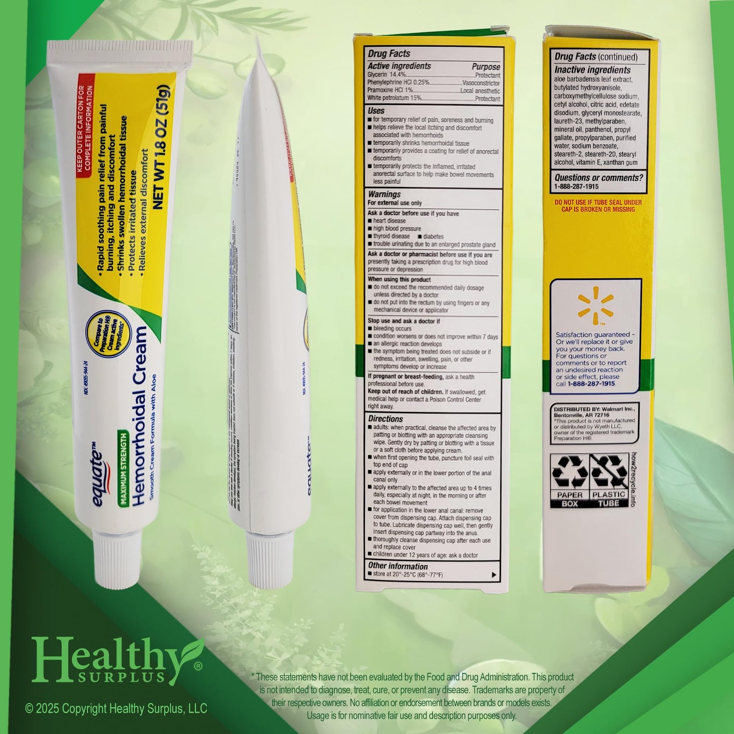 Healthy Surplus Equate Hemorrhoidal Cream/Ointment 1.8 OZ (51g) and Vital Volumes Tips Card Bundle Healthy Surplus