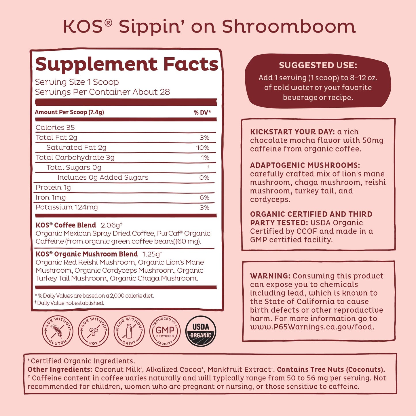 KOS Mushroom Coffee - USDA Certified Organic - Dark Chocolate Mocha Flavor - Mushroom Coffee Latte Powder with Reishi, Cordyceps, Lion's Mane, Chaga & Turkey Tail Mushrooms KOS