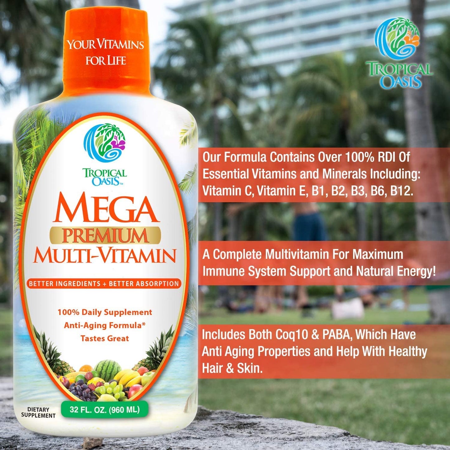Mega Premium Liquid Multivitamin | Natural Immune Support Vitamin w/ 1333% Vitamin C, 200% D3, Zinc + 20 Vitamins, 70 Minerals, & 21 Amino Acids | Sugar Free Tropical Oasis
