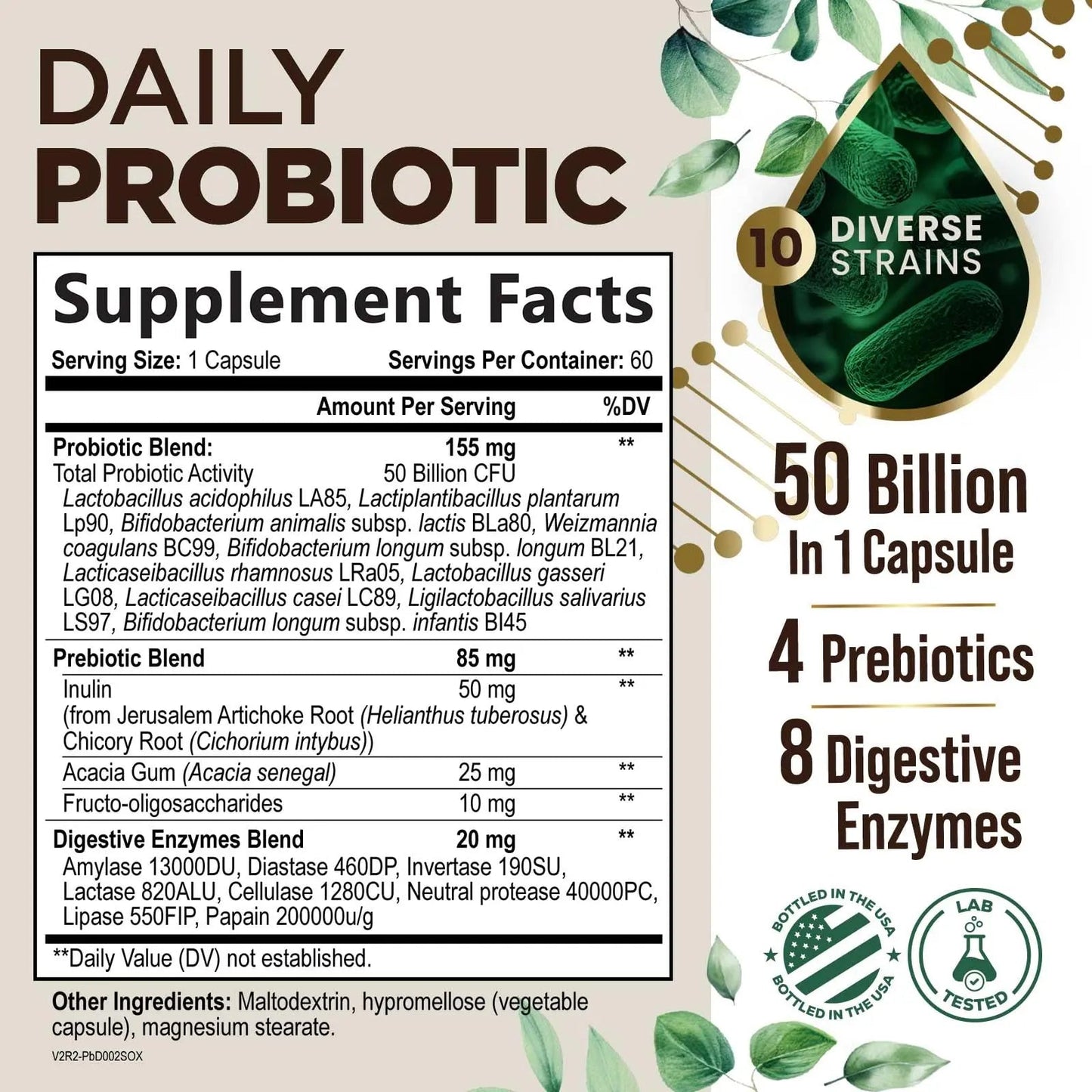 Probiotics 50 Billion CFU per Serving - 10 Strains + Prebiotics - Digestive Health, Gut & Immune Support - Occasional Constipation, Gas & Bloating Support for Women & Men, Bottled USA - 60 Capsules Health Nutrition Naturals