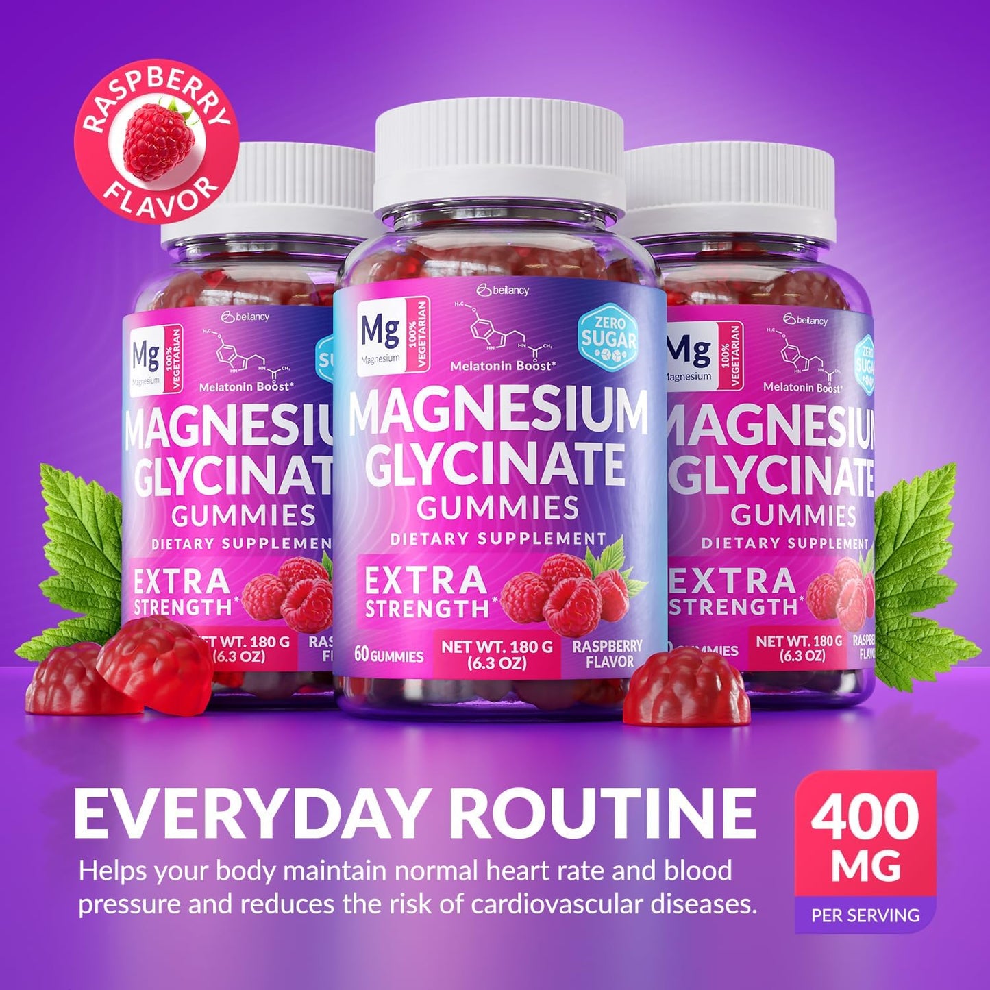 Magnesium Glycinate Gummies 400mg, Muscle Support and Relaxation, Magnesium Supplement for Women, Men and Kids, High Absorption, Sugar Free, BE&LANCY