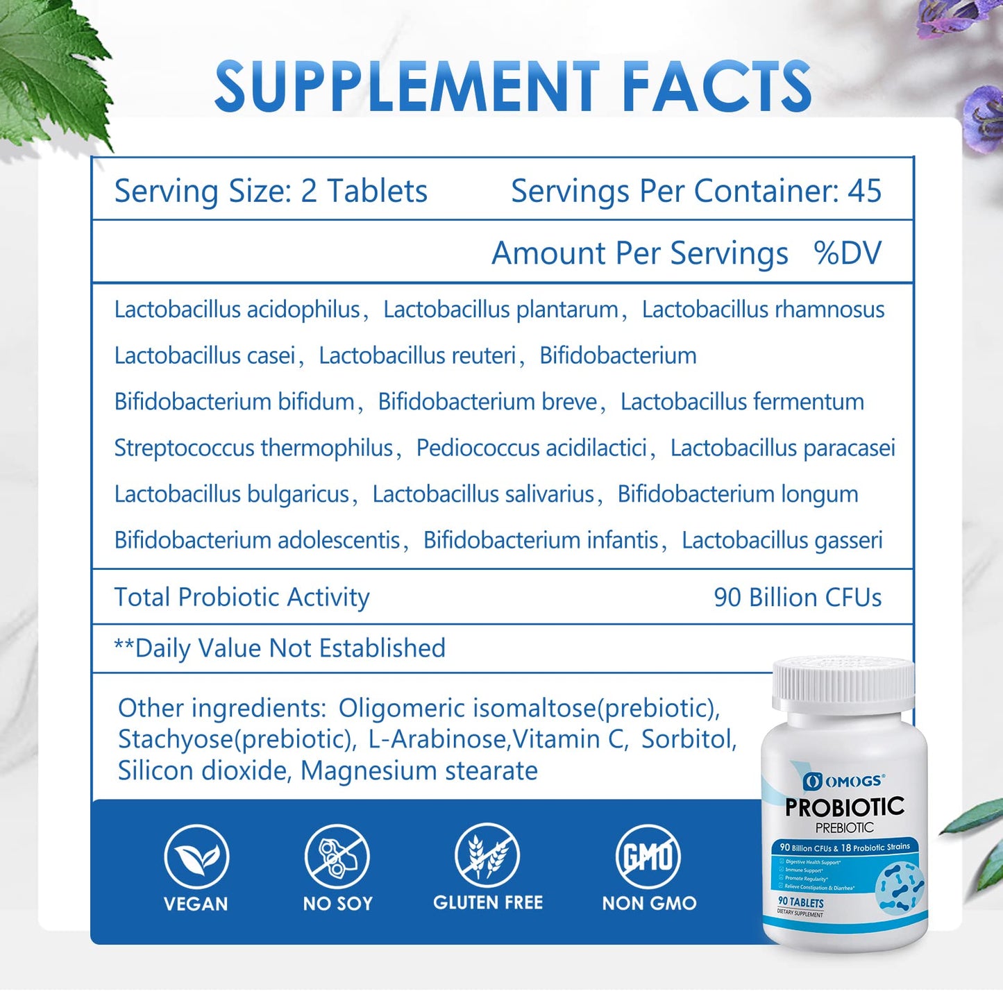 OMOGS Probiotics 90 Billion CFUs 18 Strains, with 3 Organic Prebiotics & Vitamin C, Nutritional Supplement for Women, Men & Kids, Support Metabolism OMOGS