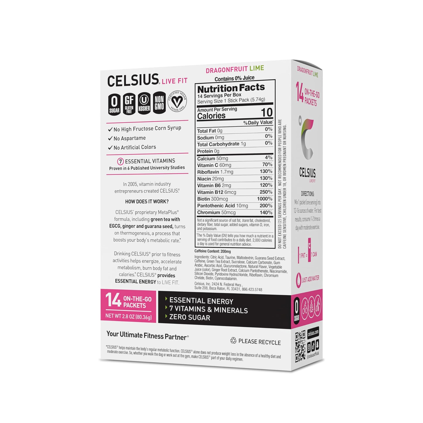 CELSIUS Dragonfruit Lime On-the-Go Powder Stick Packs, Zero Sugar 14 Count(Pack of 1) CELSIUS