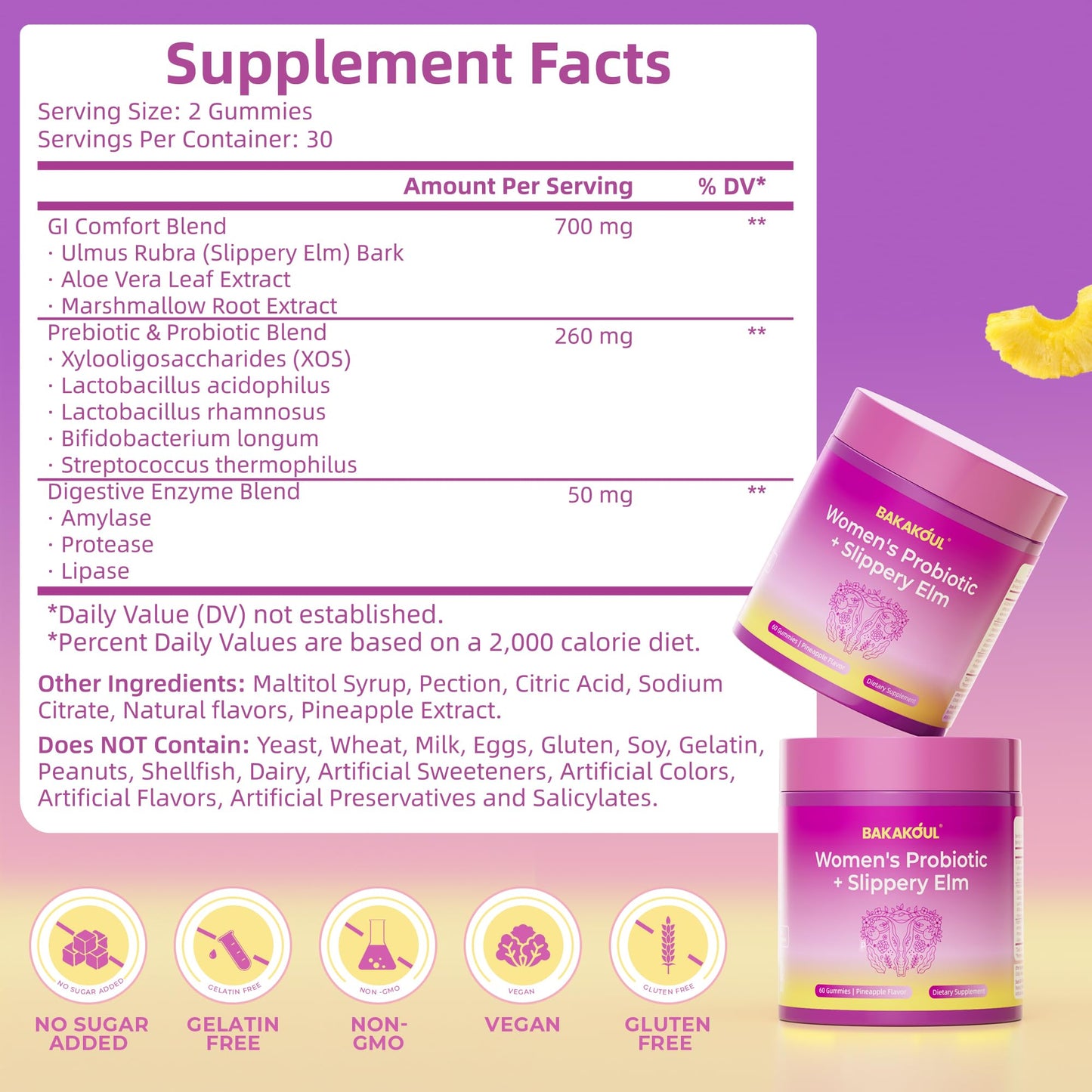 BAKAKOUL Feminine Probiotics Gummies for Women, Vaginal Probiotics with Slippery Elm,Prebiotics & Probiotics Supports pH Balance,Immune Health, Vegan BAKAKOUL