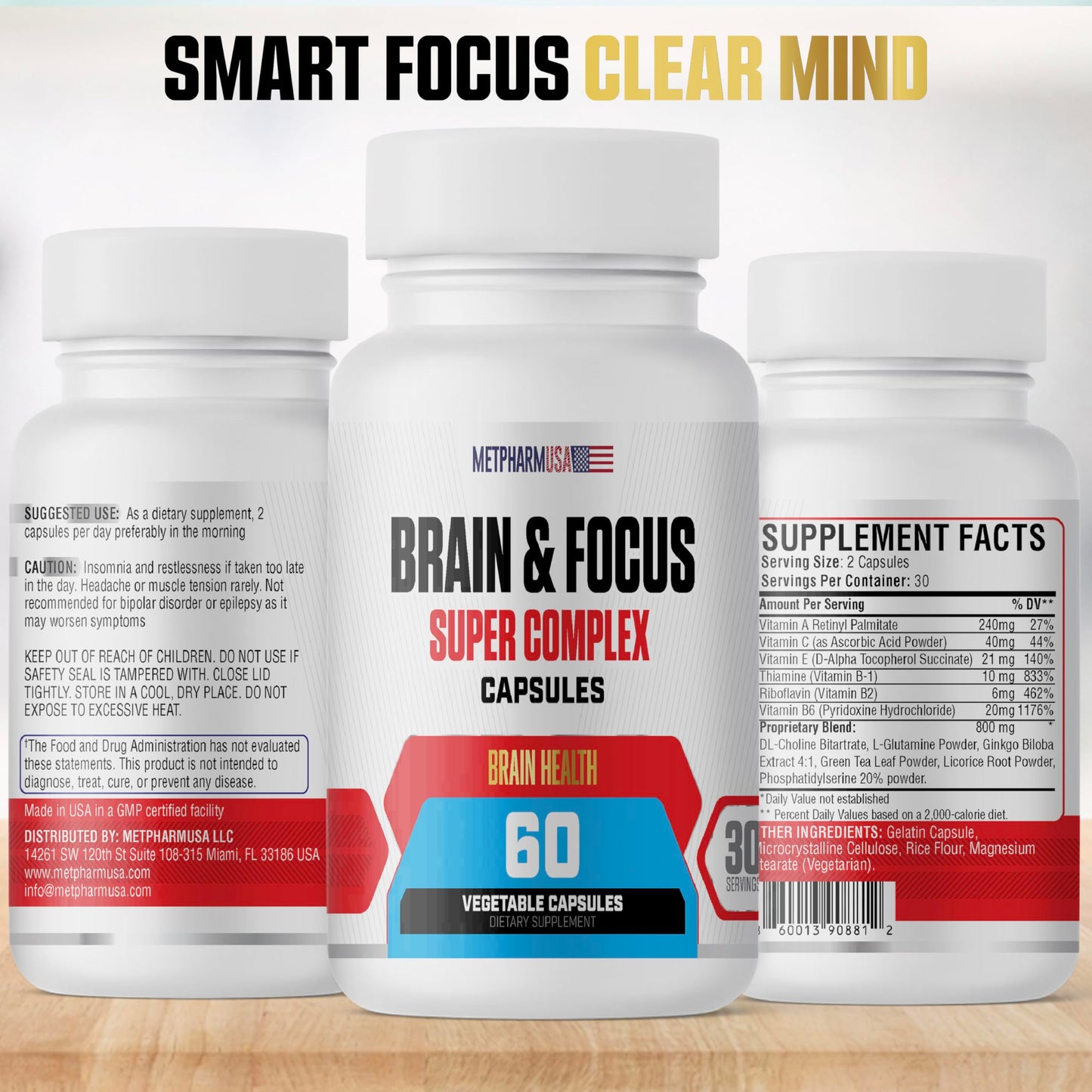 MetpharmUSA Brain & Focus Nootropic Super Complex Supplement for Brain Support and Performance, Improved Focus Memory and Mental Performance MetpharmUSA