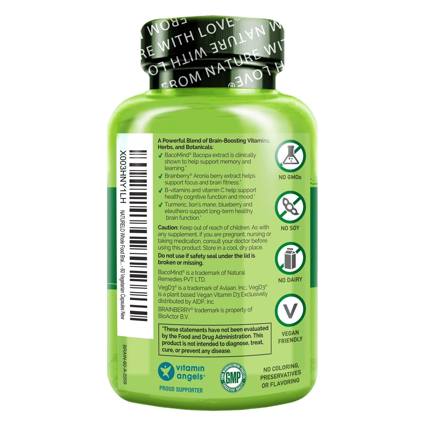 NATURELO Whole Food Brain Supplement - Brain Health Supplements for Memory & Focus Support - Enhance Brain Health Blend Supplement for Adults NATURELO