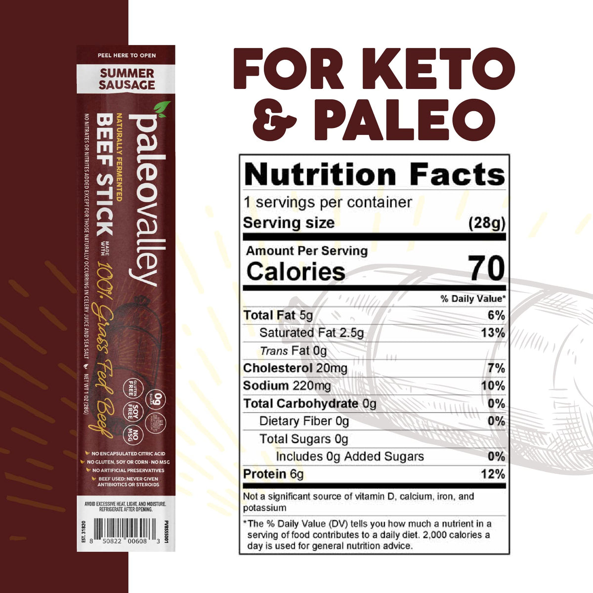 Paleovalley 100% Grass Fed Summer Sausage Beef Sticks - Delicious Gluten Free Beef Snack - High Protein Keto Friendly Paleovalley