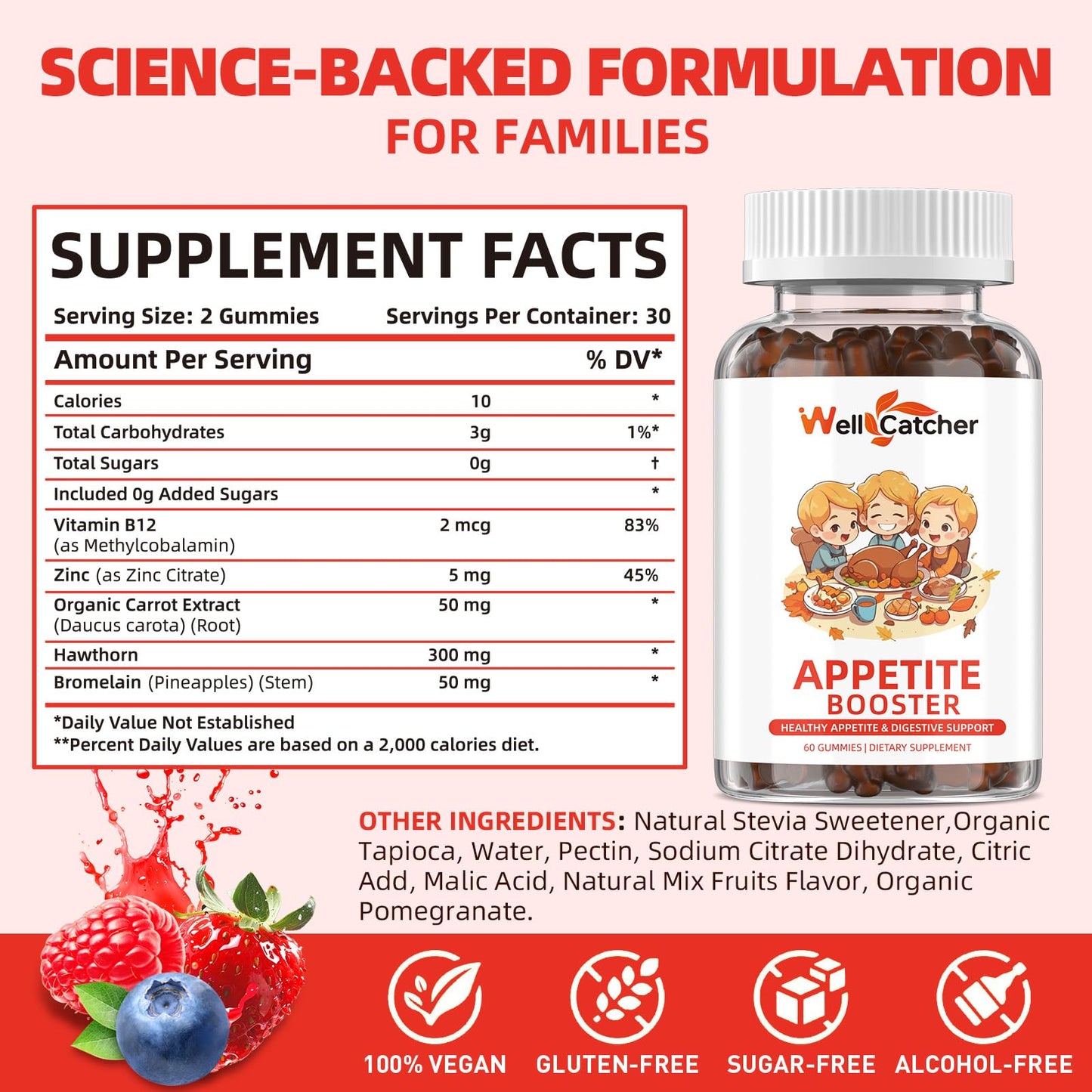 Appetite Booster Gummies for Kids Adults: Appetite Support Supplement with Bromelain Hawthorn Zinc Vitamin B12 for Healthy Digestive & Nutritional Balance, Sugar Free Mixed Fruit Flavor Vegan 30 Days Wellcatcher