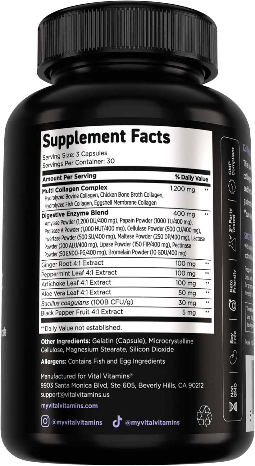 Vital Vitamins Multi Collagen Complex Plus + Gut, Probiotics & Enzymes | 5 Collagen Types I, II, III, V & X with Digestive Enzyme Blend, 3 Billion CFU Probiotic & Gut Botanicals, 90 Capsules Gsupps Australia