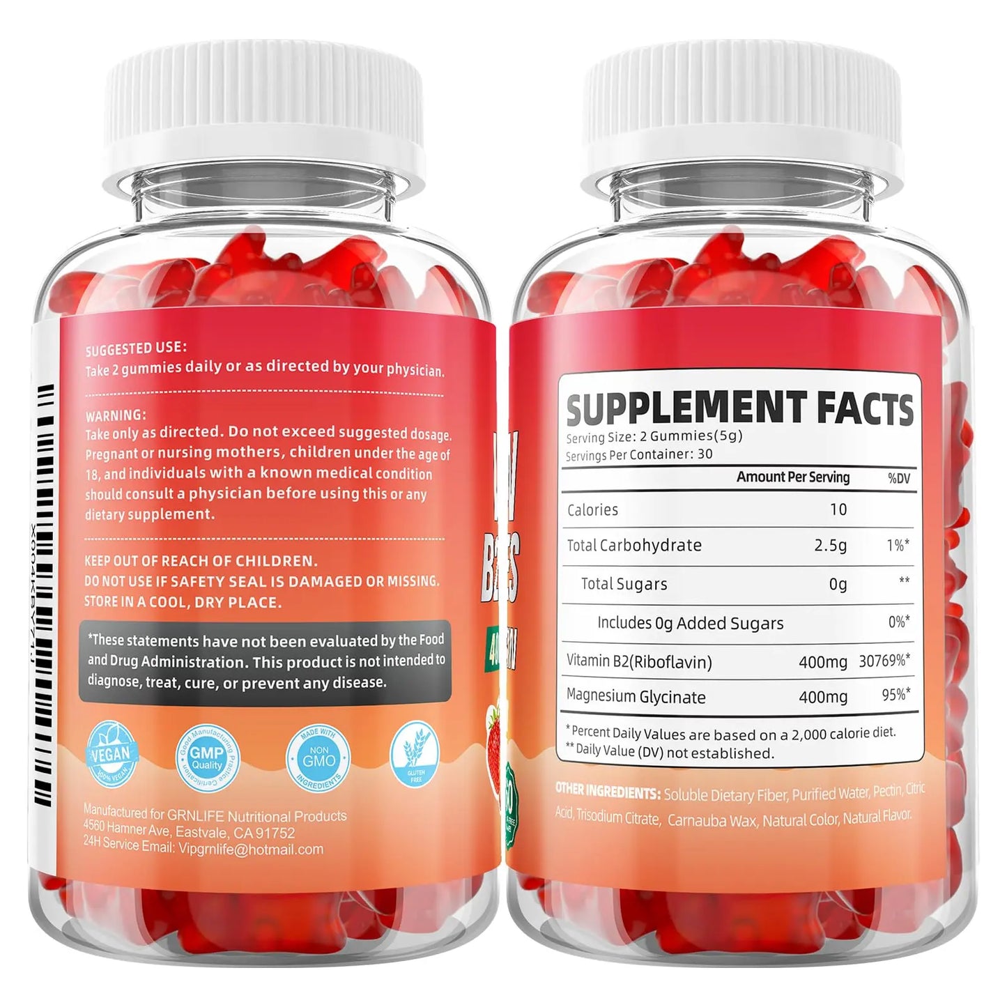 GrnLife 2 Pack Vitamin B2 Gummies, Riboflavin 400mg with Magnesium for Kids & Adults, Migraine Relief & Energy Support GrnLife