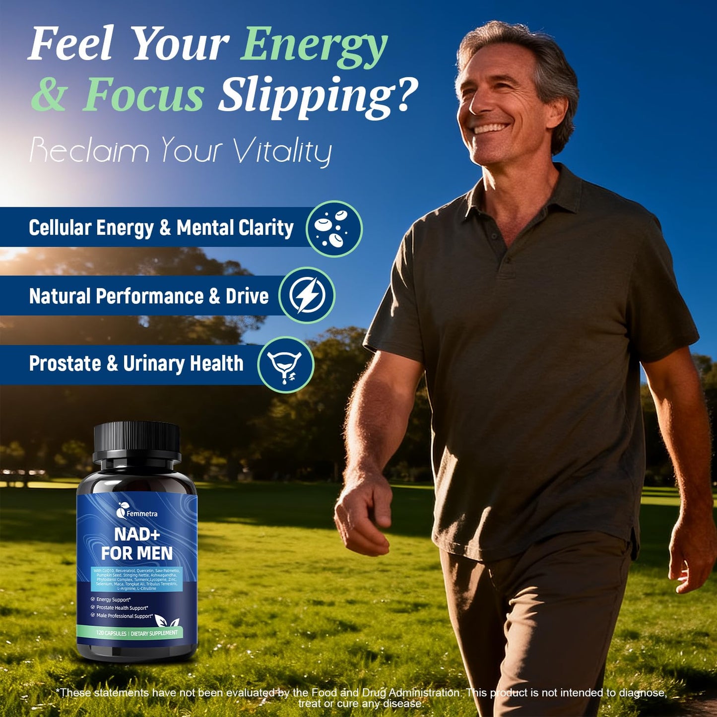 Femmetra NAD+ Supplements for Men with Saw Palmetto | All-in-One Cellular Energy, Prostate Support & Nitric Oxide Supplement with Resveratrol, L-Arginine | Non-GMO, 120 Capsules Femmetra