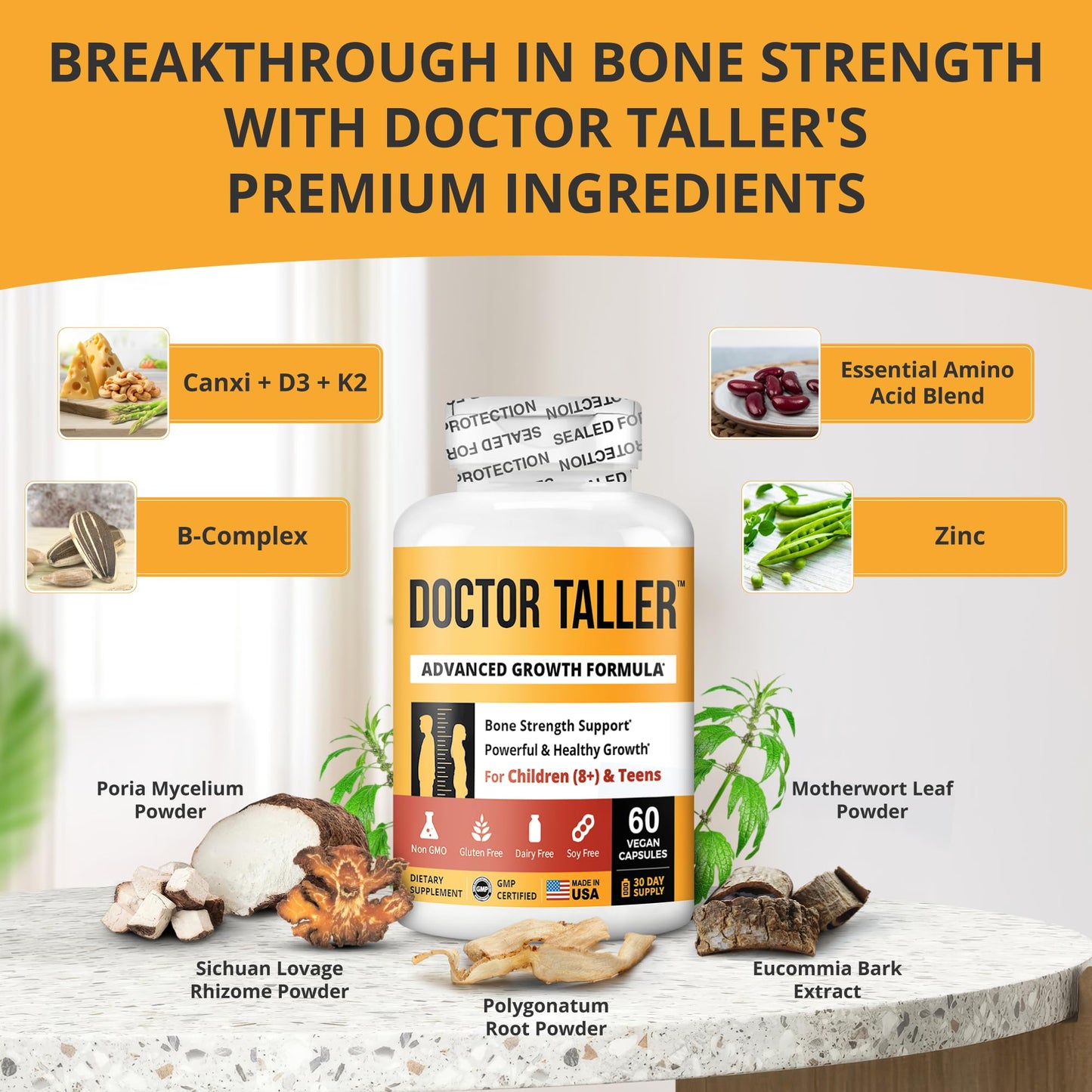 NuBest Doctor Taller - Bone Strength Supports, Enhance Immune System - Keto with Calcium, Vitamin D3, Vitamin K2, Amino Acids & Herbs for Children (8+) - 60 Vegan Capsules | 1 Month Supply NuBest