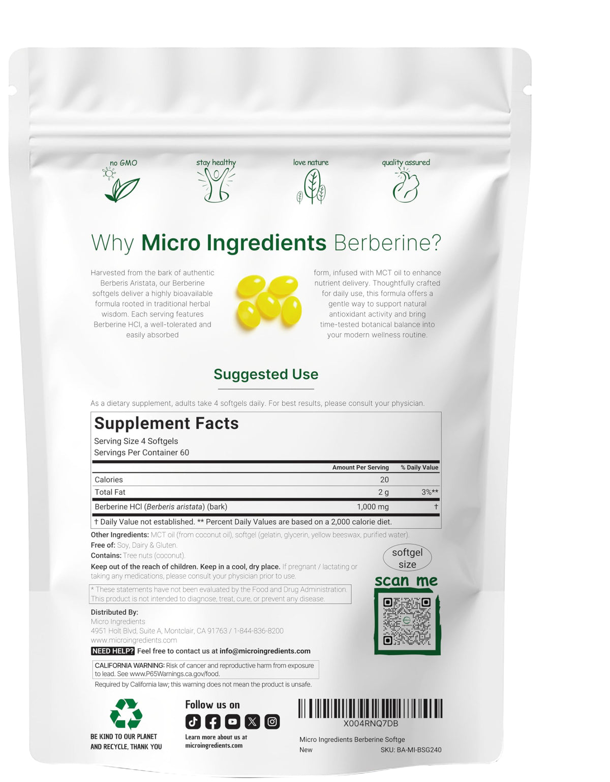 Micro Ingredients 1000mg with MCT Oil, 240 Softgels | Highly Bioavailable Formula with Berberine HCI from Aristata Micro Ingredients