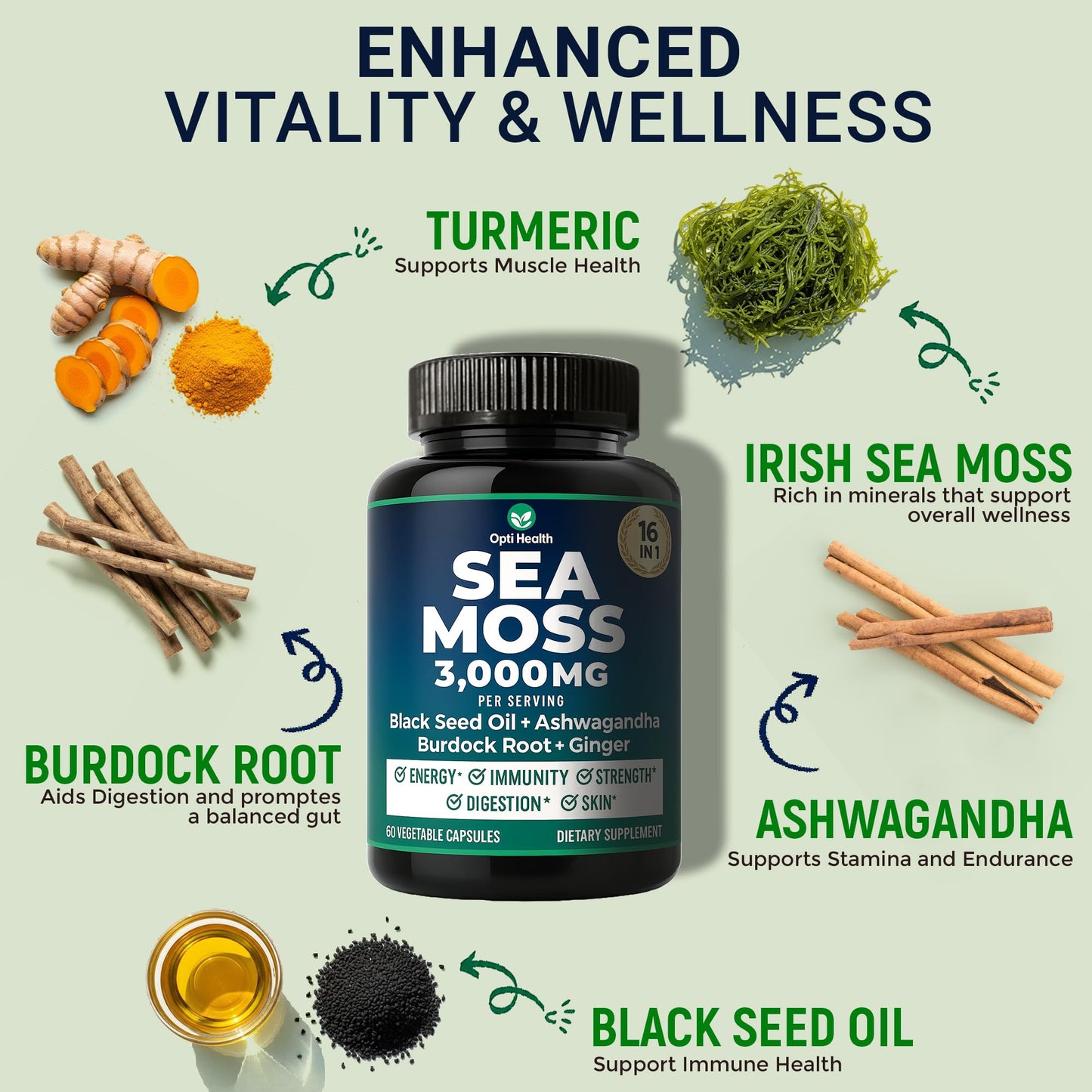 Sea Moss Black Seed Oil Ashwagandha Ginger - Advanced Irish Sea Moss Capsules All in One Supplement with Seamoss Black Seed Oil Ashwagandha Burdock Root Bladderwrack - Pills for Energy, Immune, Gut Opti Health