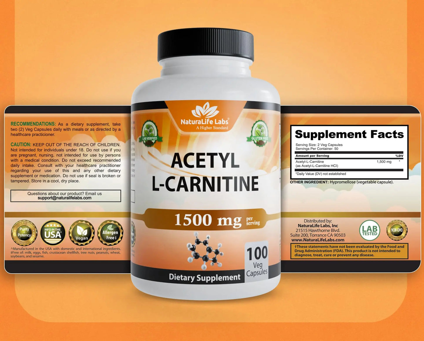 NaturaLife Labs Acetyl L-Carnitine (ALCAR) 1500 mg per Serving – 100 Capsules – Non-GMO, Gluten-Free, Vegan NaturaLife Labs