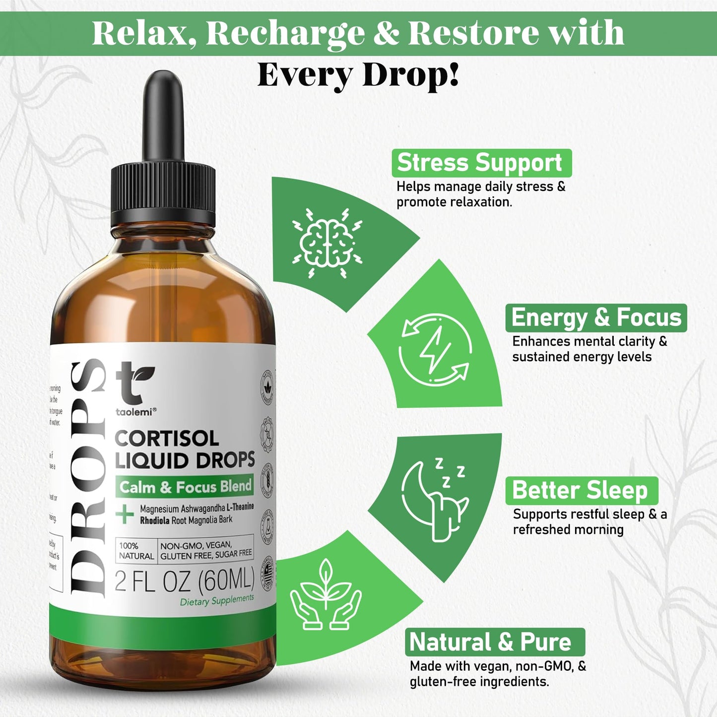 Cortisol Manager Drops with Magnesium & Ashwagandha - Advanced Liquid Blend for Relaxation, Supports Restful Sleep, Fast-Absorbing Liquid, Non-GMO, 2 Fl Oz taolemi