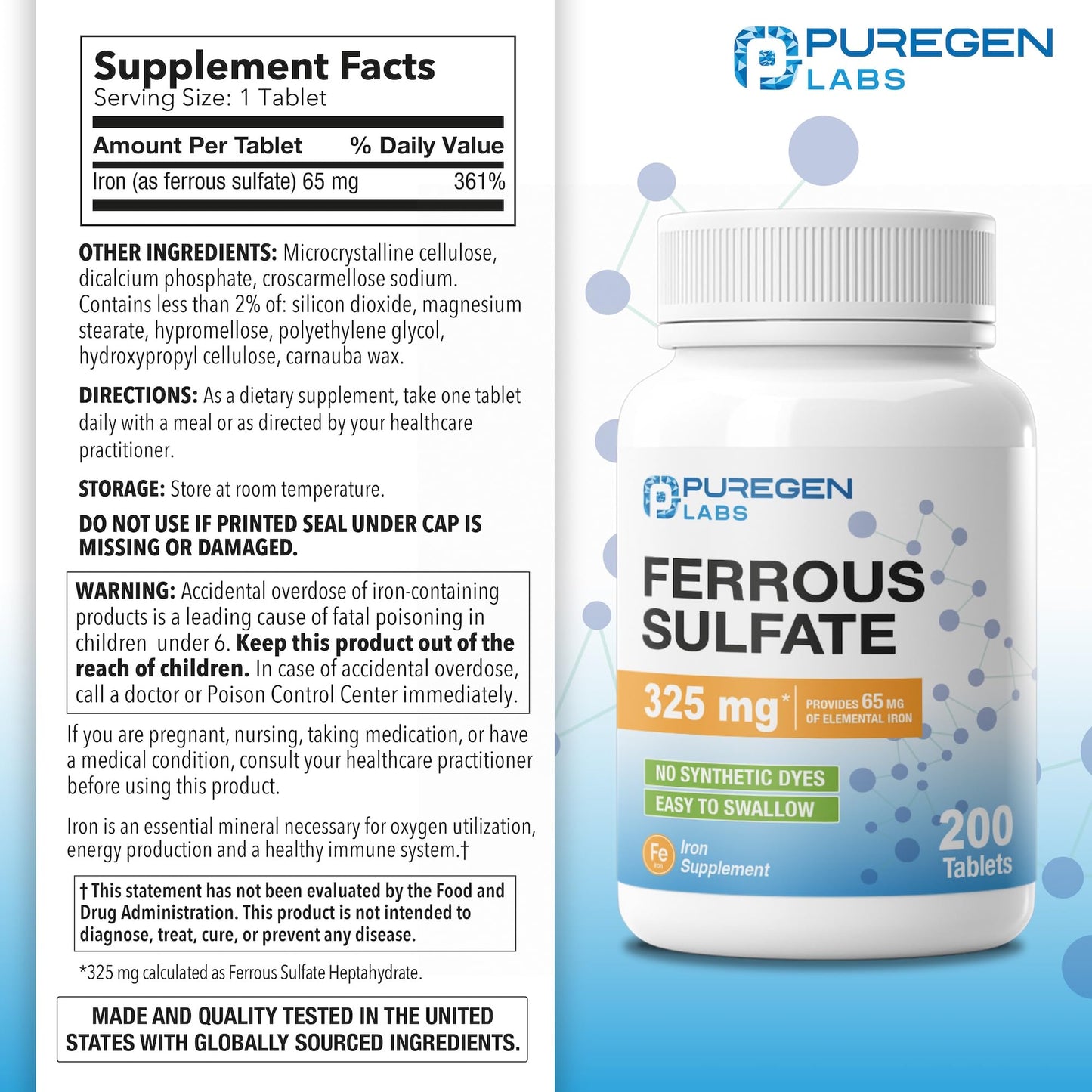 Puregen Labs Ferrous Sulfate 325 mg (65 mg Elemental Iron) High Potency Iron Supplement | No Artificial Color Additives - 200 Tablets P Puregen Labs
