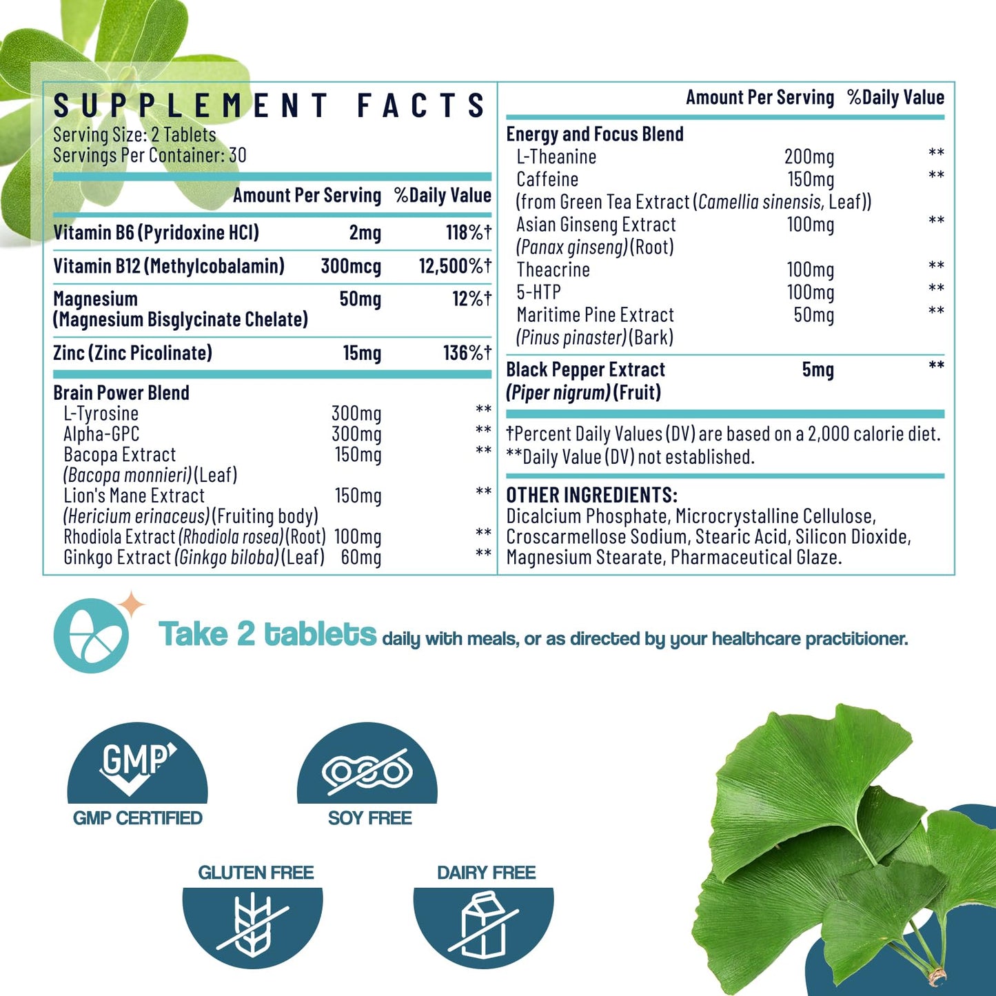17-in-1 Brain Supplement for Memory and Focus | Nootropic Brain Supplement for Mental Clarity, Concentration, Alertness | Natural Nootropics with Herbal Extracts, Vitamins & Amino Acids (120 Tablets) Sapotax