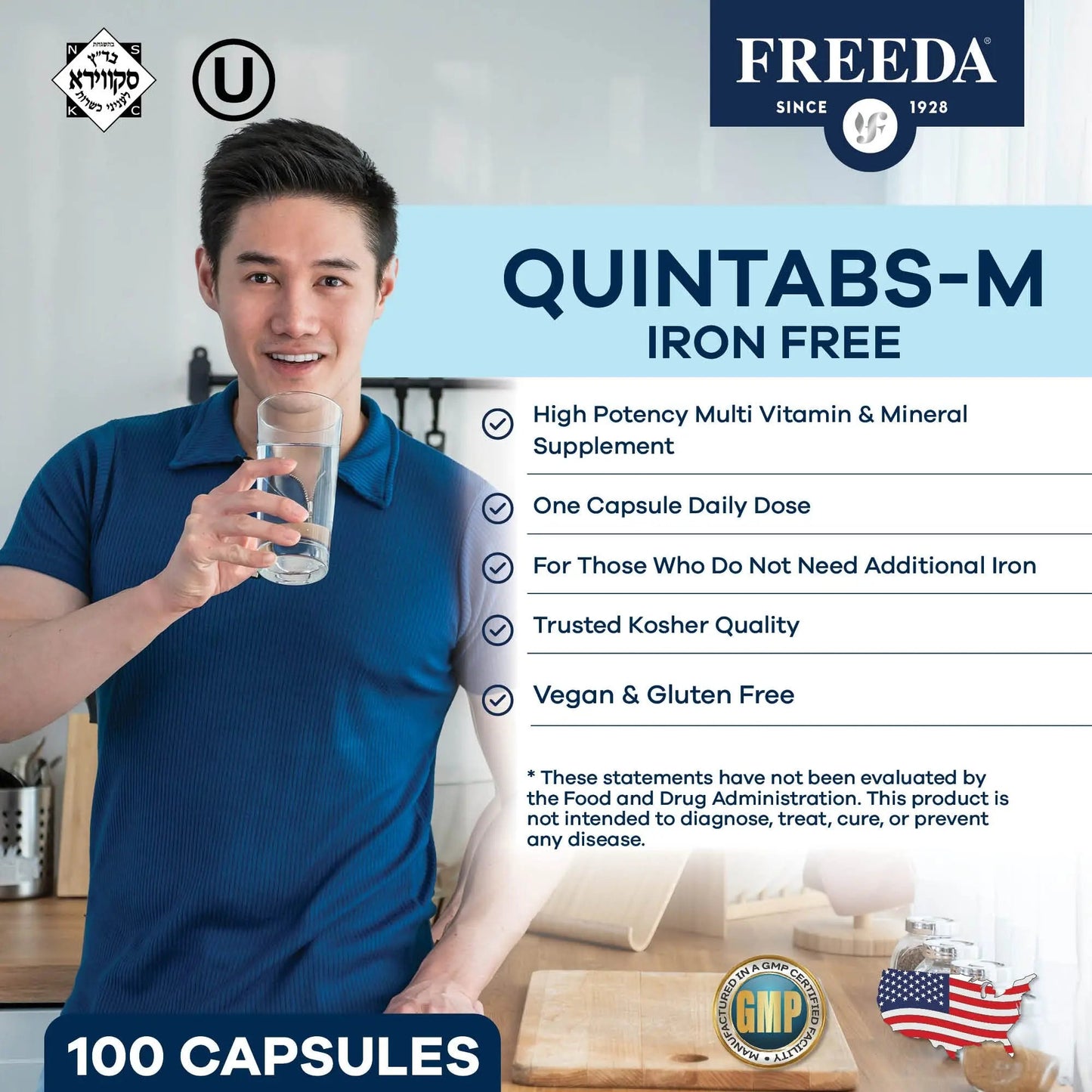 FREEDA One Daily Multivitamin Without Iron – Quintabs-M Iron-Free – Kosher, Balanced Multivitamin Supplements for Adults FREEDA