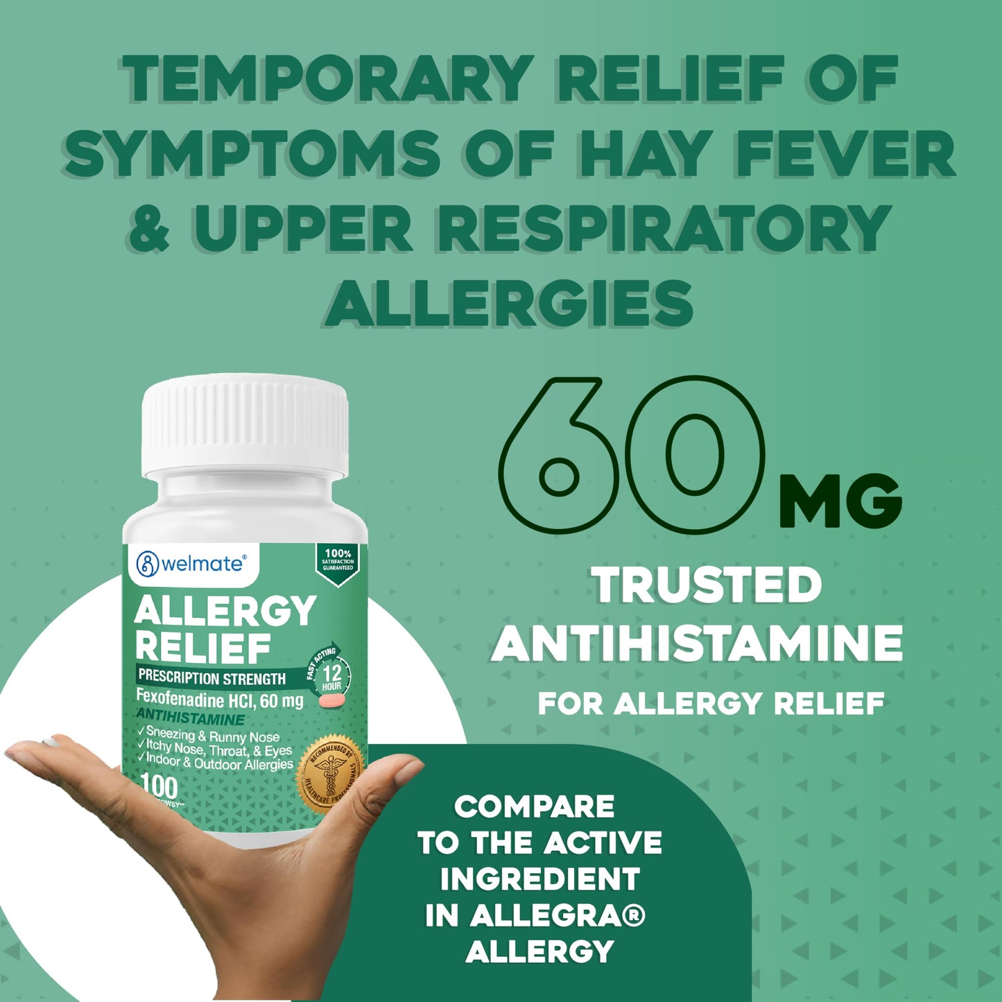 WELMATE - Fexofenadine Hydrochloride 60mg (100 Tablets) - Non Drowsy Allergy Medicine - 12 Hours - Antihistamine - Nose, Eyes, Throat - Generic Allergy Pills - Gluten Free, Over-the-Counter Medication WELMATE
