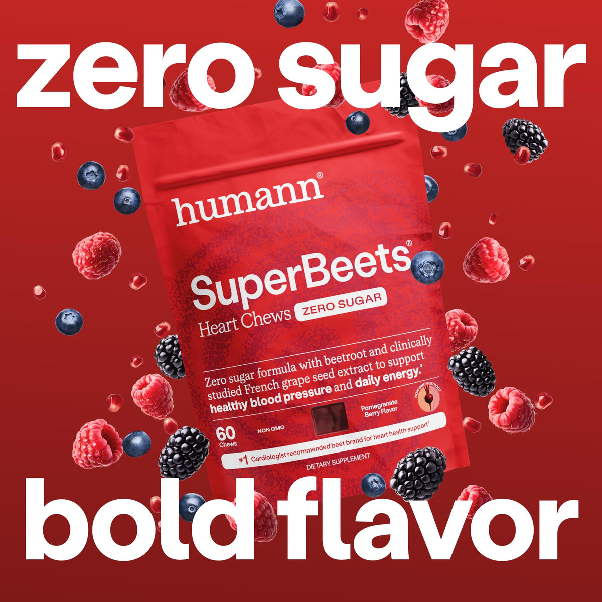 Humann SuperBeets Heart Chews Zero Sugar, Beet Root Supplement, Energy, Nitric Oxide and Blood Pressure Support, Grape Seed Extract & Non-GMO Humann