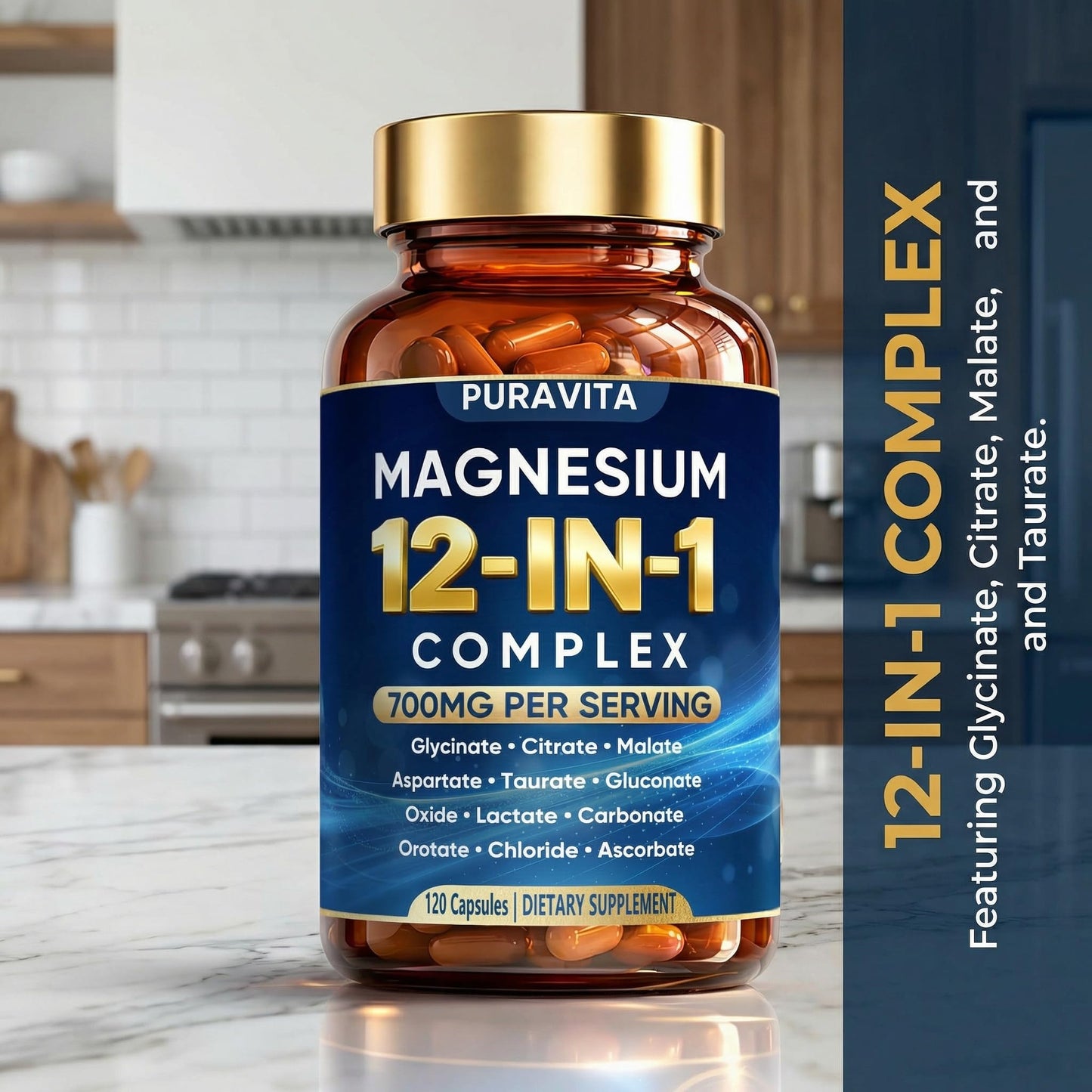 Puravita 12 in 1 Magnesium Complex Capsules - 700mg High Absorption Blend with Glycinate, Citrate, Malate, Oxide & Taurate. Supports Muscle Function, Nerve Health & Relaxation - 120 Capsules (1) PURAVITA