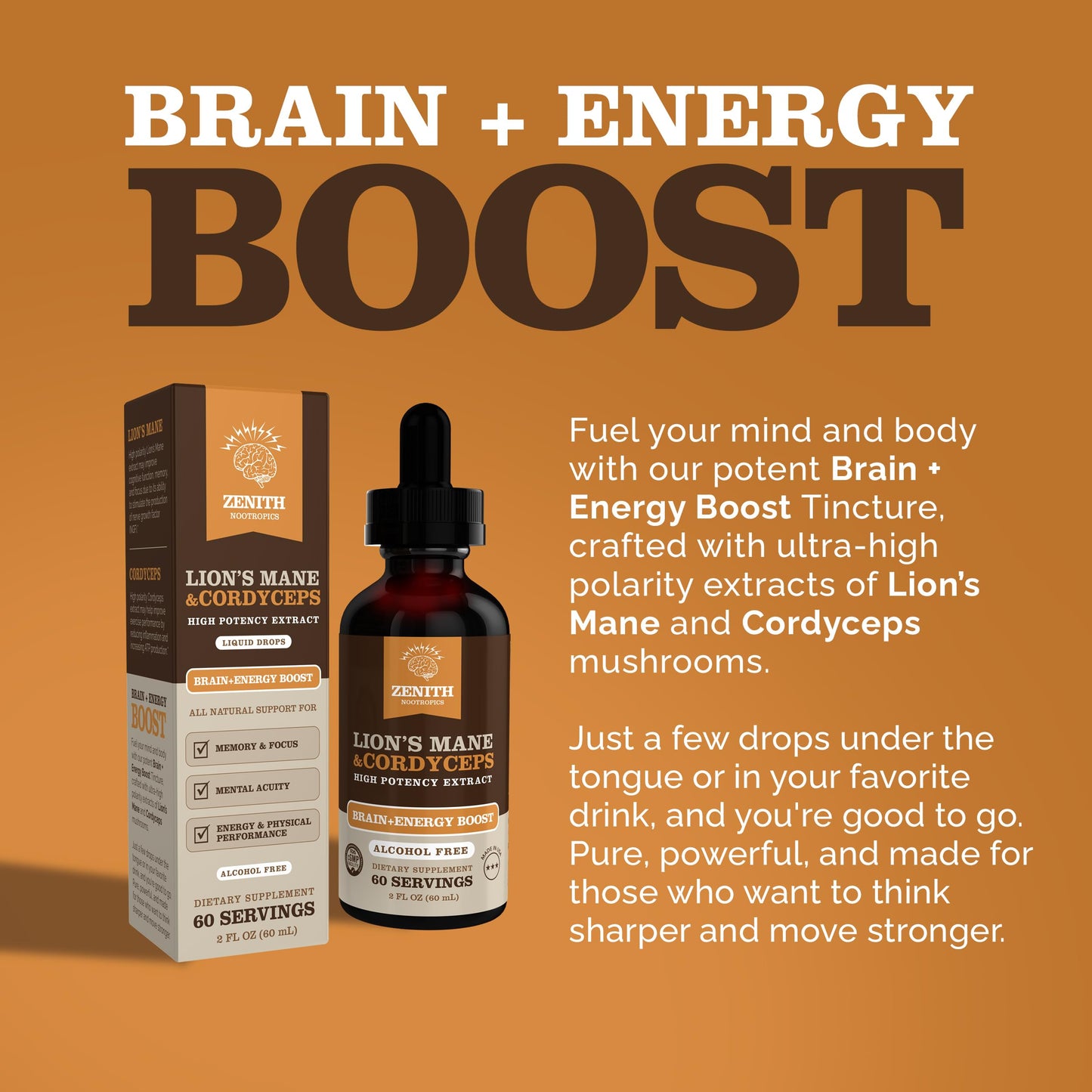 Zenith Nootropics Lion’s Mane & Cordyceps Supplement – Brain & Energy Support – Focus, Memory, Clarity, Immunity – Vegan, Alcohol-Free Tincture – Up-to 2-Month Supply, 2 fl oz Zenith Nootropics