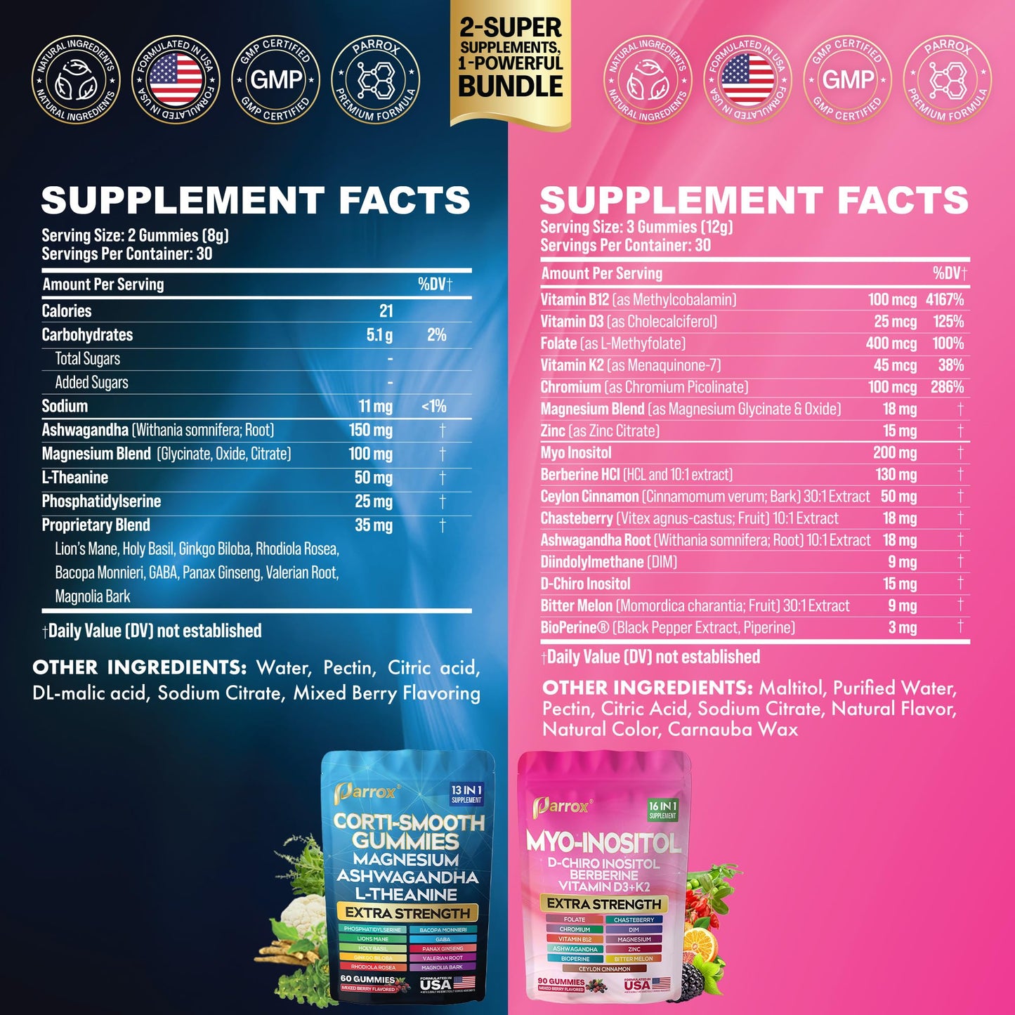 Soothe & Smooth Bundle Gummies - Cortisol & Myo-Inositol Supplement with D-Chiro Inositol, Berberine, Magenesium, Ashwagandha, L-Theanine, Vitamins D3+K2 & B12, Folate, Zinc Lion's Mane (150 Gummies) Parrox
