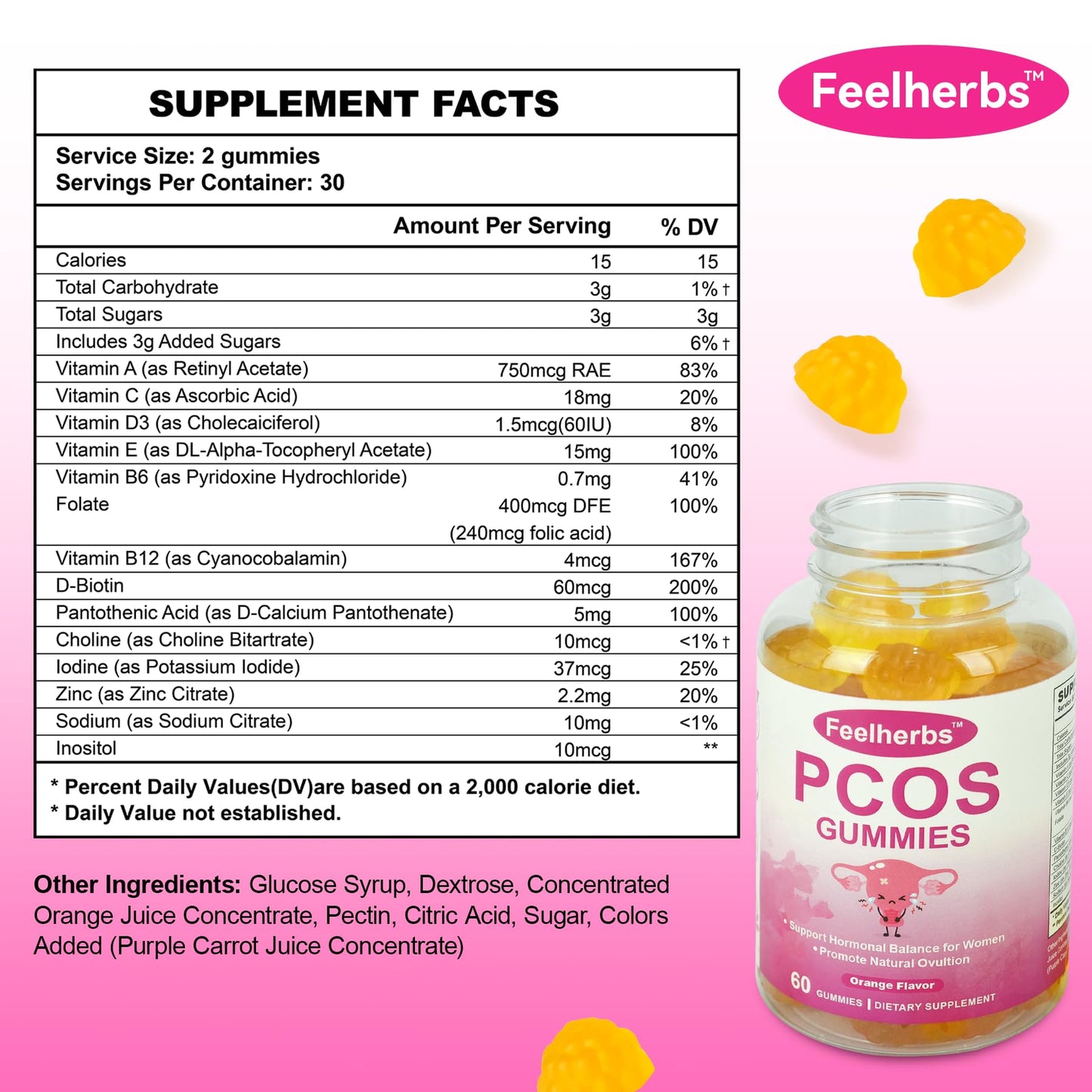 PCOS Gummies for Women Menstrual Cycle & Hormonal Balance, 60 Count Ovarian Support Gummies with Myo-Inositol, Folate and Vitamins, Orange Flavor PCOS Vitamins Gummies Helps Fertility and Ovulation Feelherbs