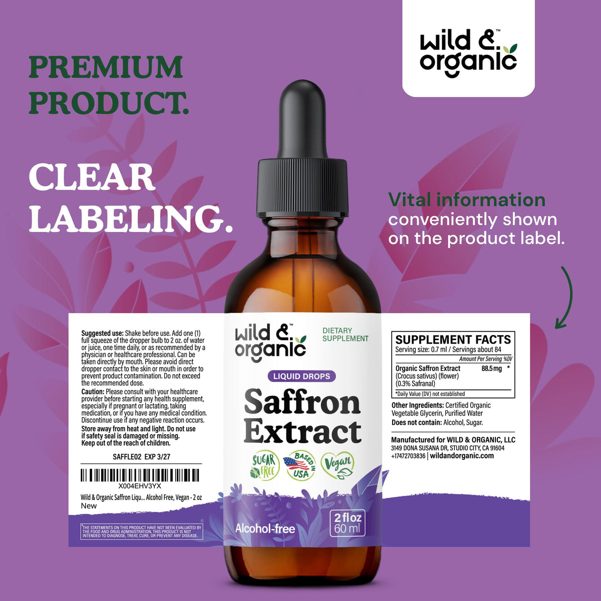 Wild & Organic Saffron Supplements 88.5 mg - Mood, Brain & Vision Support - Liquid Saffron Drops - Add to Tea - Crocus Sativus Herb Extract - Vegan, Sugar & Alcohol-Free Tincture - 2 fl oz Wild & Organic