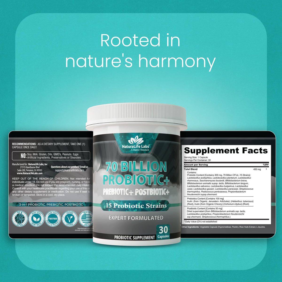 NaturaLife Labs Probiotics 70 Billion CFU – 15 Strains with Organic Prebiotic & Postbiotic – 3-in-1 Formula – 30 Vegan Capsules NaturaLife Labs