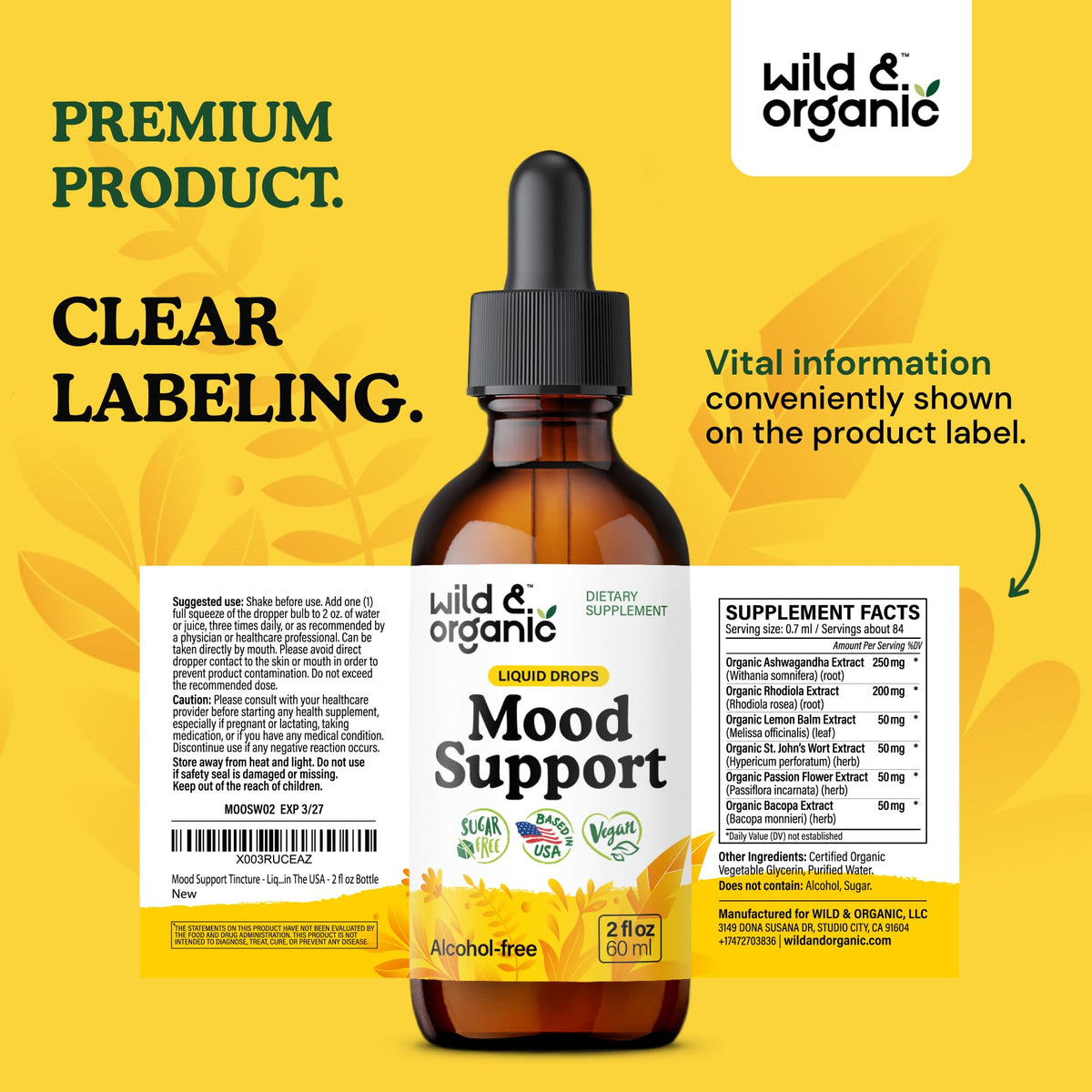 Wild & Organic Mood Support Drops - Good Mood Supplements w/Ashwagandha Root & Rhodiola Rosea - Natural Liquid Drops for Positive Energy - Calm and Relax Supplements for Women and Men - 2 oz Wild & Organic