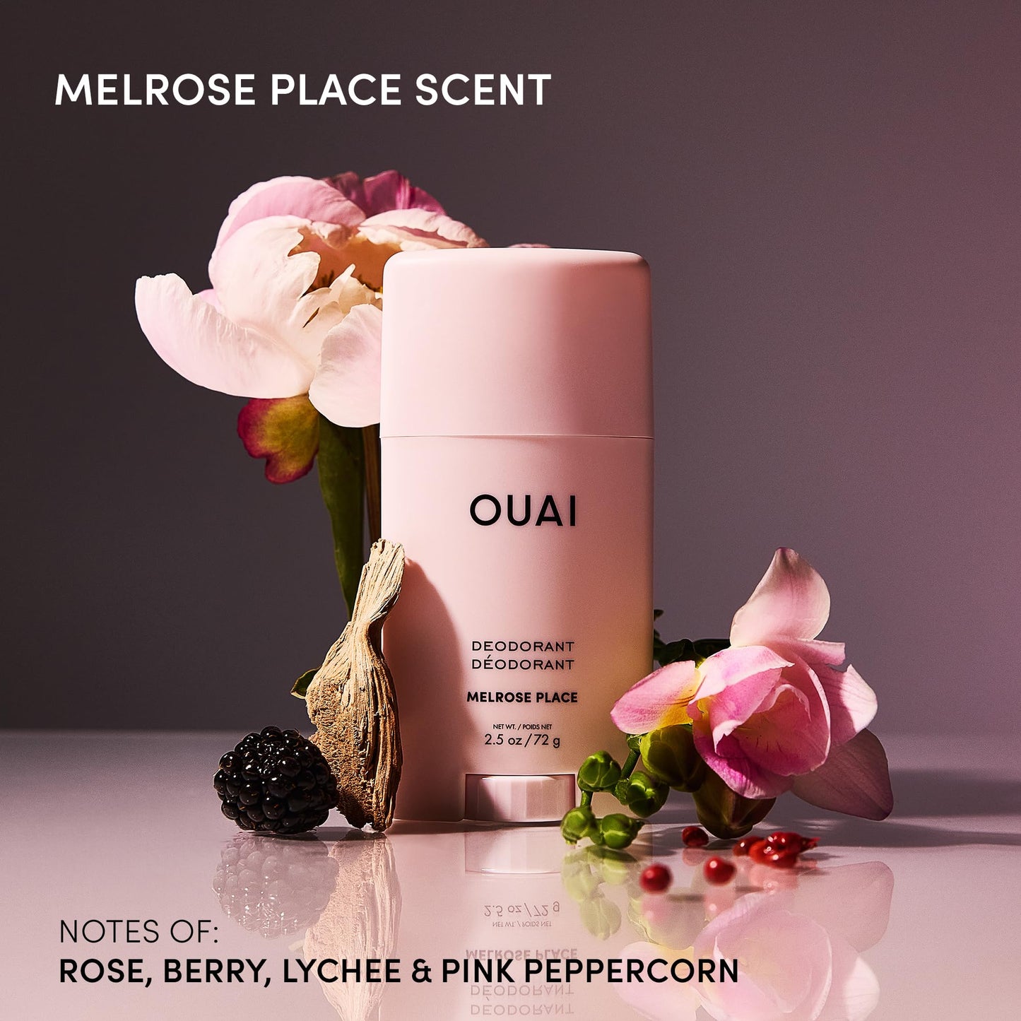 OUAI Aluminum Free Deodorant - Women's Deodorant with 24-Hour Odor Control & Invisible Application - Enriched with Notes of Rose, Berry, Lychee & Pink Peppercorn - Melrose Place (2.5 oz) OUAI
