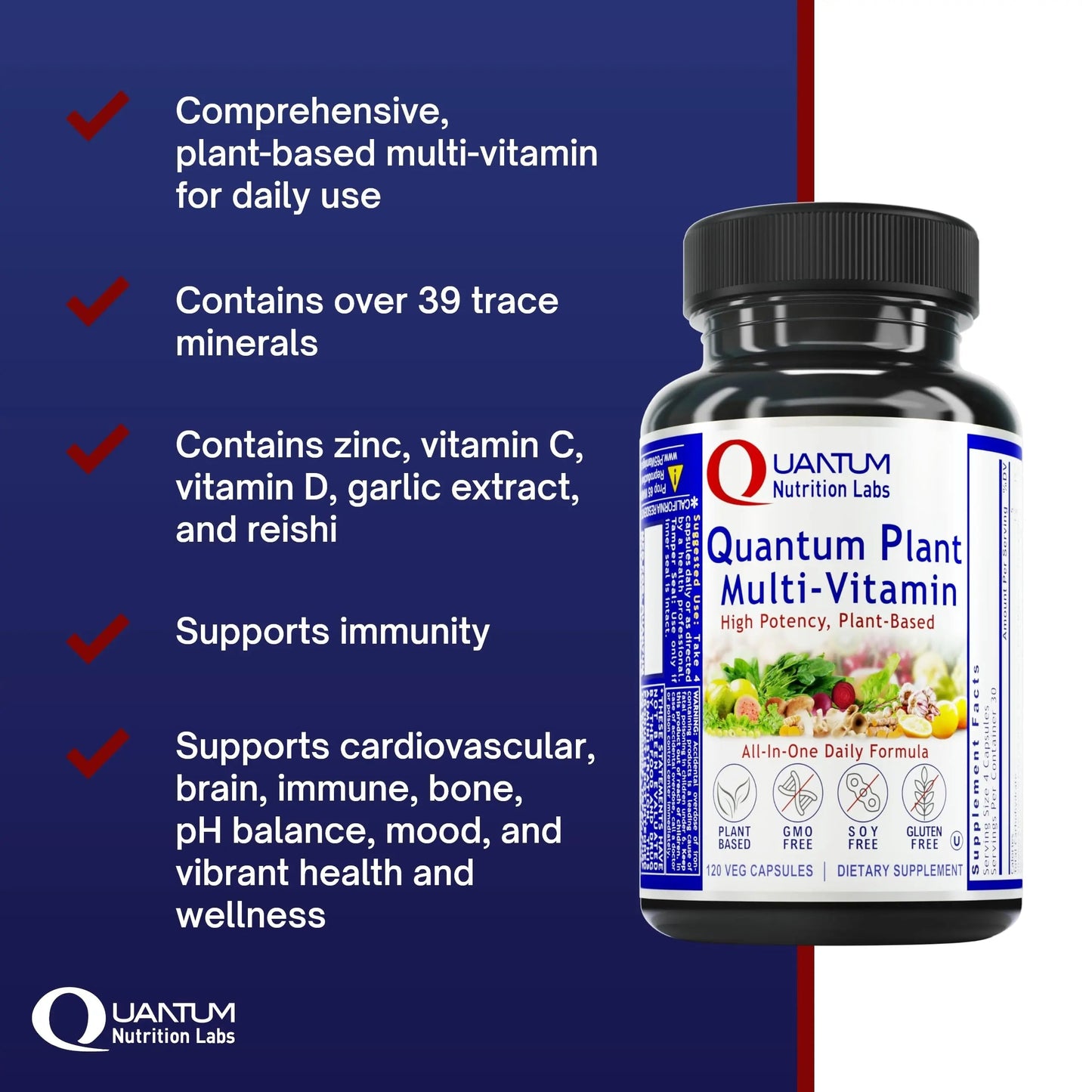 QNL Quantum Plant Multi-Vitamin - Complete Multivitamin - Immune Support for Adults - Natural Multivitamin for Men & Women Quantum Nutrition