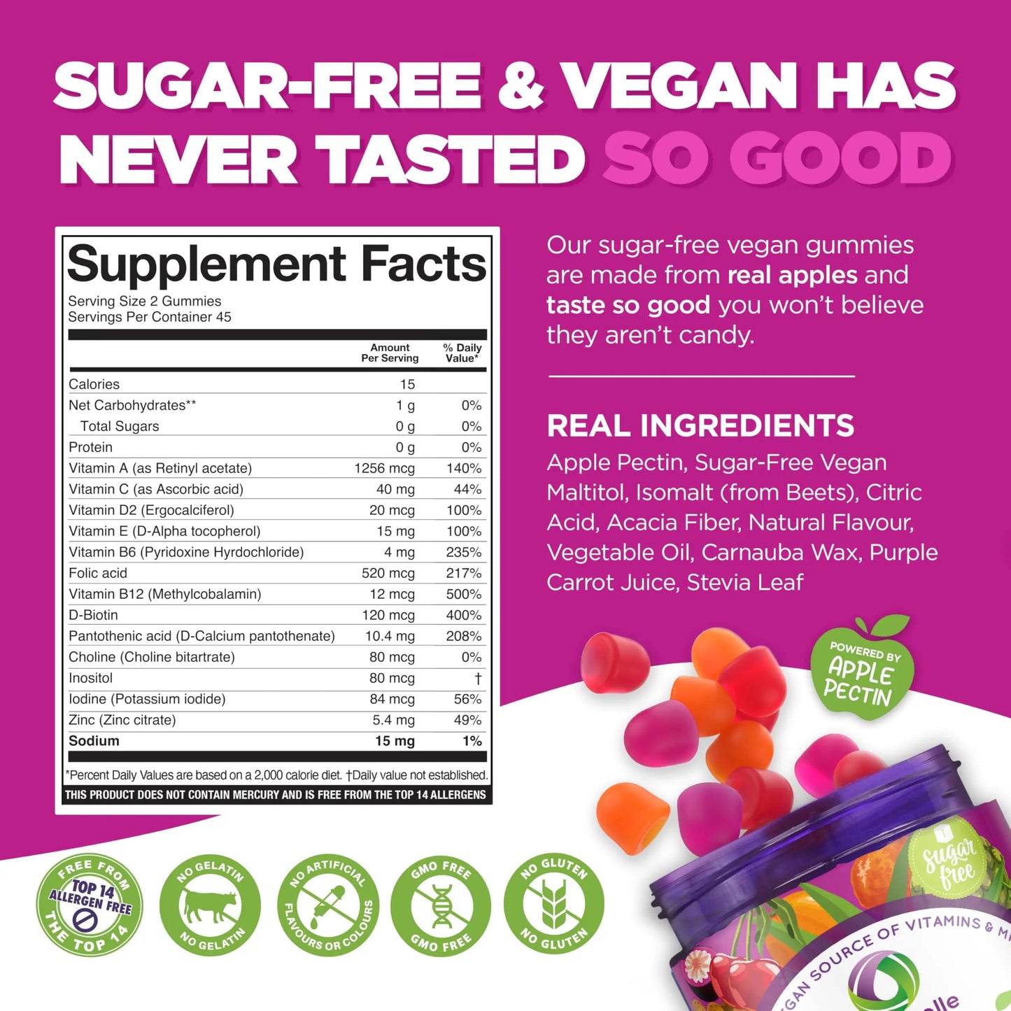 NUTRAMIN Daily Vegan Keto Multivitamin Gummies Non-GMO Natural Vitamin C, D + Zinc for Immunity, Plant-Based, Sugar-Free Nutracelle