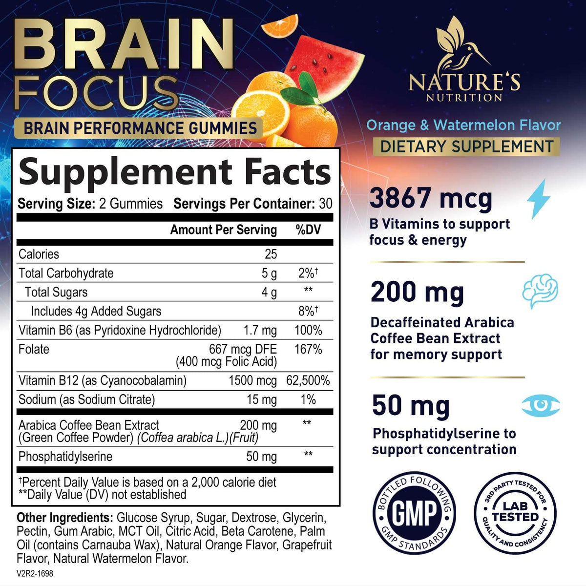 Brain Supplements for Memory and Focus with Phosphatidylserine, Nootropic Memory Supplement Gummy for Brain Health, Concentration, Mental & Cognitive Support, Focus Vitamins with B6 & B12-60 Gummies Nature's Nutrition