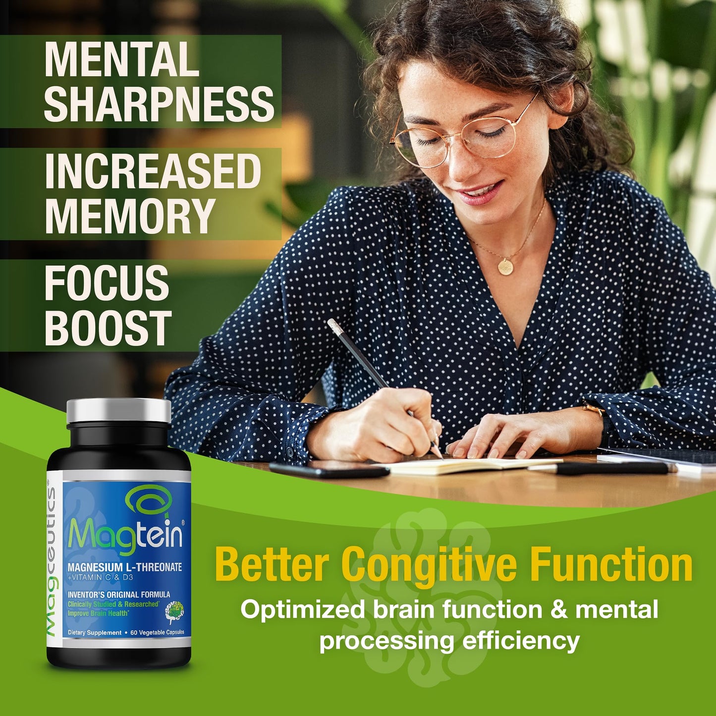 Magtein - Magnesium L-Threonate Supplement, Memory, Focus, Sleep & Brain Health Formula for Men & Women, Cognitive Support for Adults Magtein