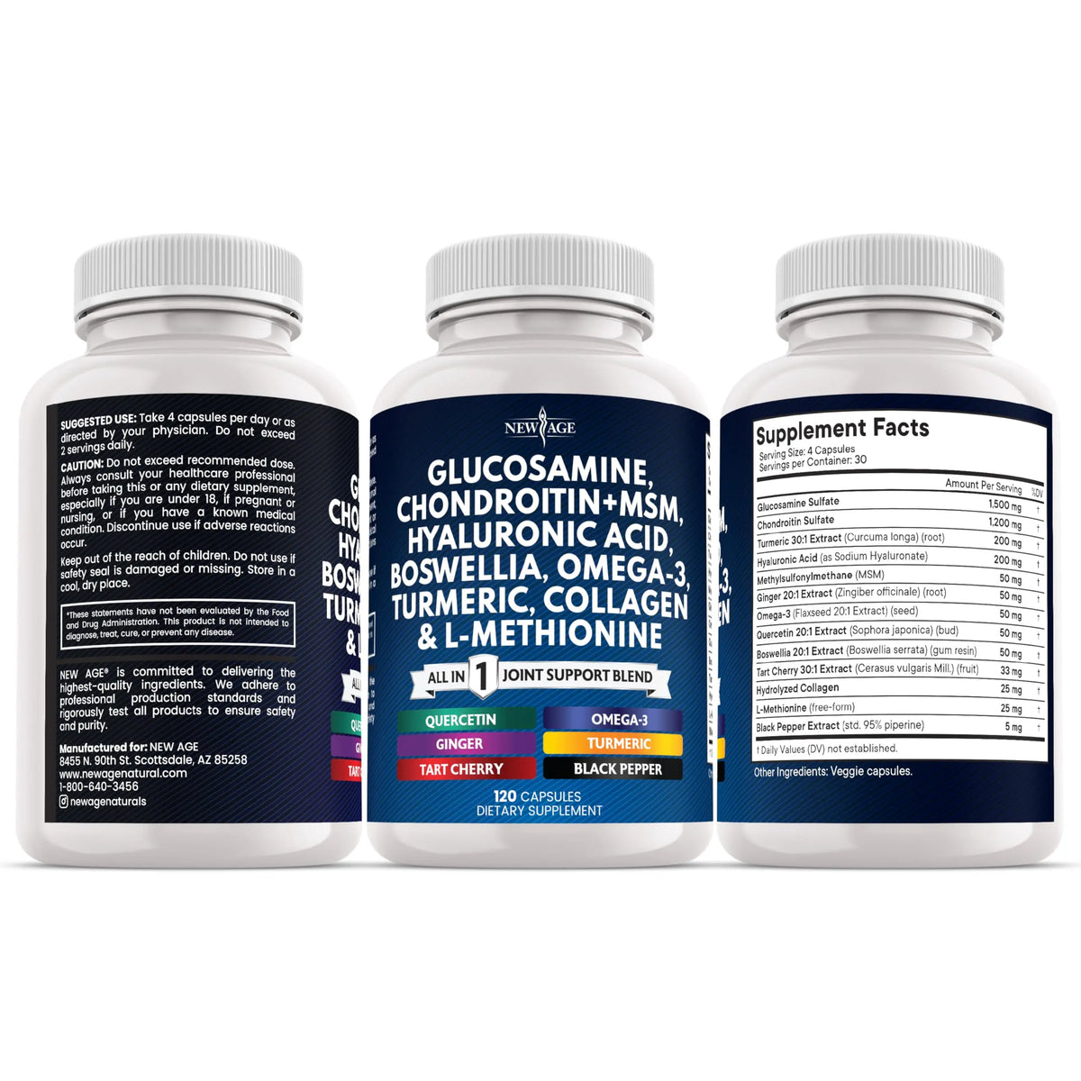 Glucosamine Chondroitin, MSM, Turmeric Curcumin, Collagen, Hyaluronic Acid, Omega 3 – Health Supplement for Men & Women – 240 Count NEW AGE