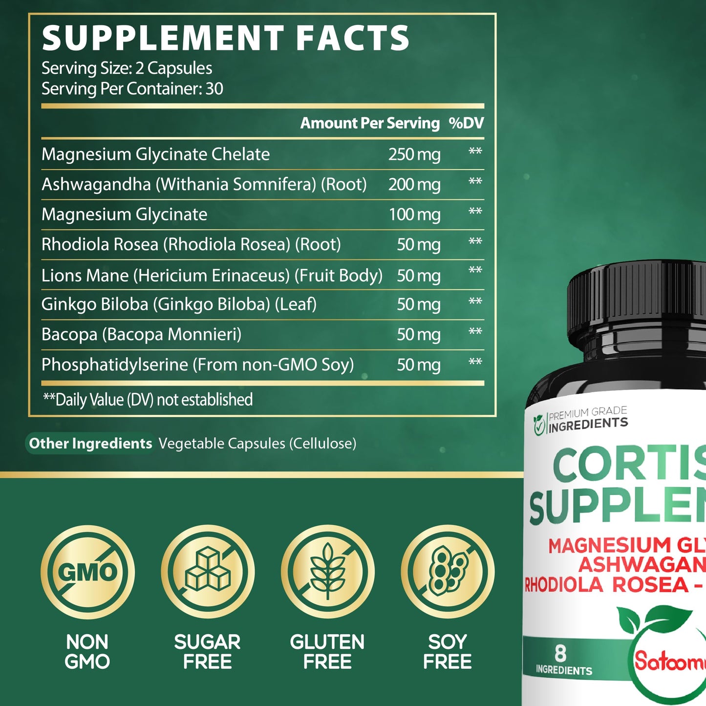 Satoomi 8in1 Cortisol Manager with Magnesium Glycinate, Ashwagandha, Rhodiola Rosea, Lions Mane & More - Cortisol Reducer Supplement Men & Women - 60 Capsules Satoomi