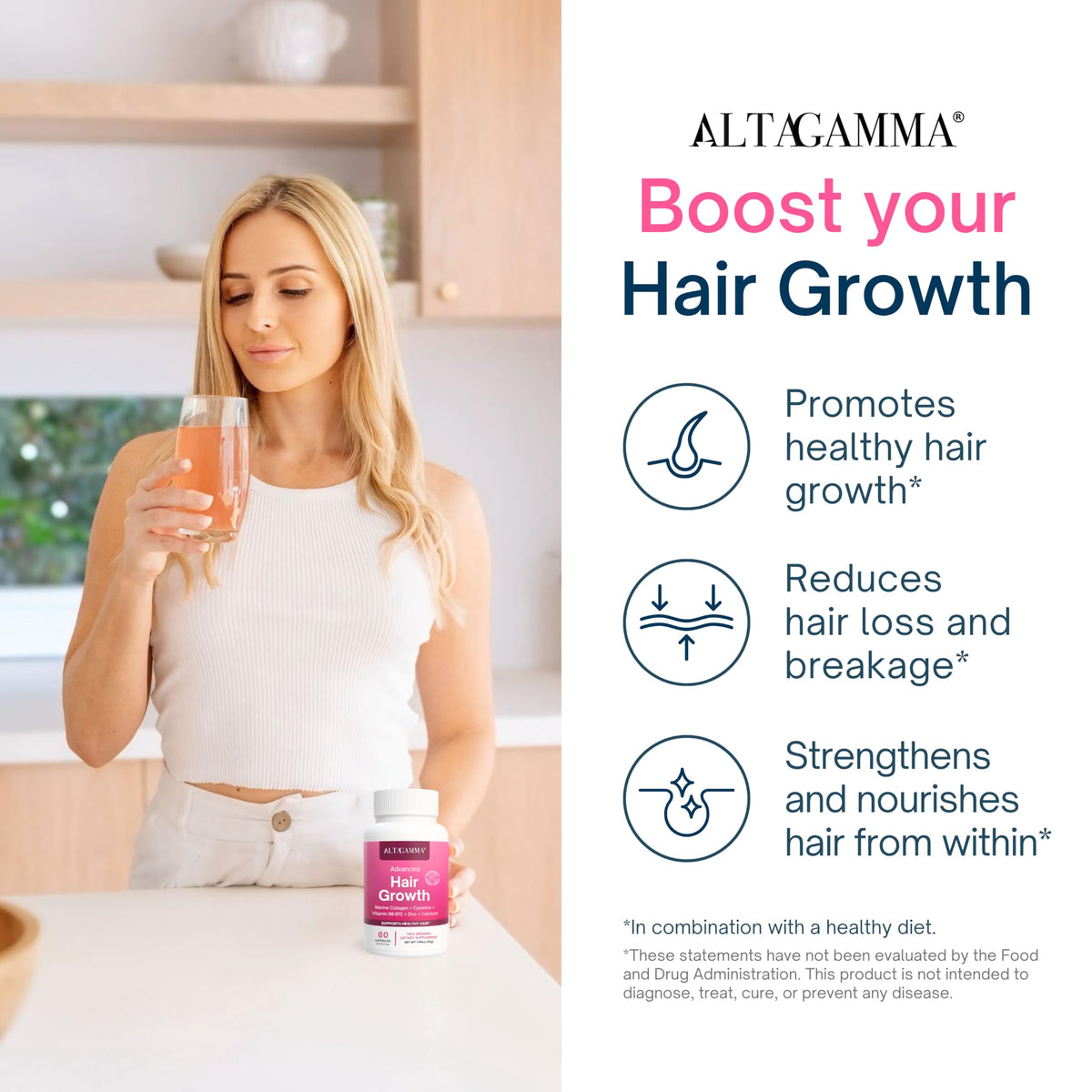 ALTAGAMMA Hair Growth Supplements - Nourishes Thinning, Strengthen Nails & Skin & Combat Hair Loss - Hair Growth Vitamins for Women & Men with Marine Collagen Peptides, 60 Capsules | 30 Day Supply ALTAGAMMA