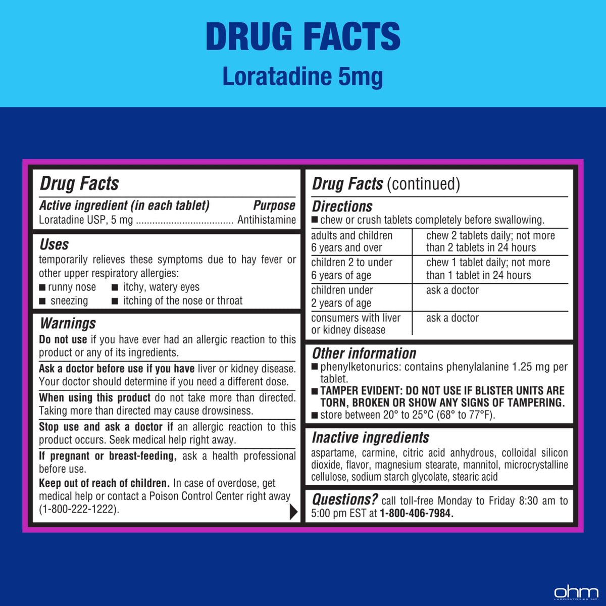 Ohm Children's Allergy Medicine, Loratadine 5mg, Chewable Tablets (30 Count) Bubblegum Flavor, Non-Drowsy Antihistamine, 24-Hour Allergy Relief for Runny Nose, Watery Eyes, Itchy Throat & Nose Ohm