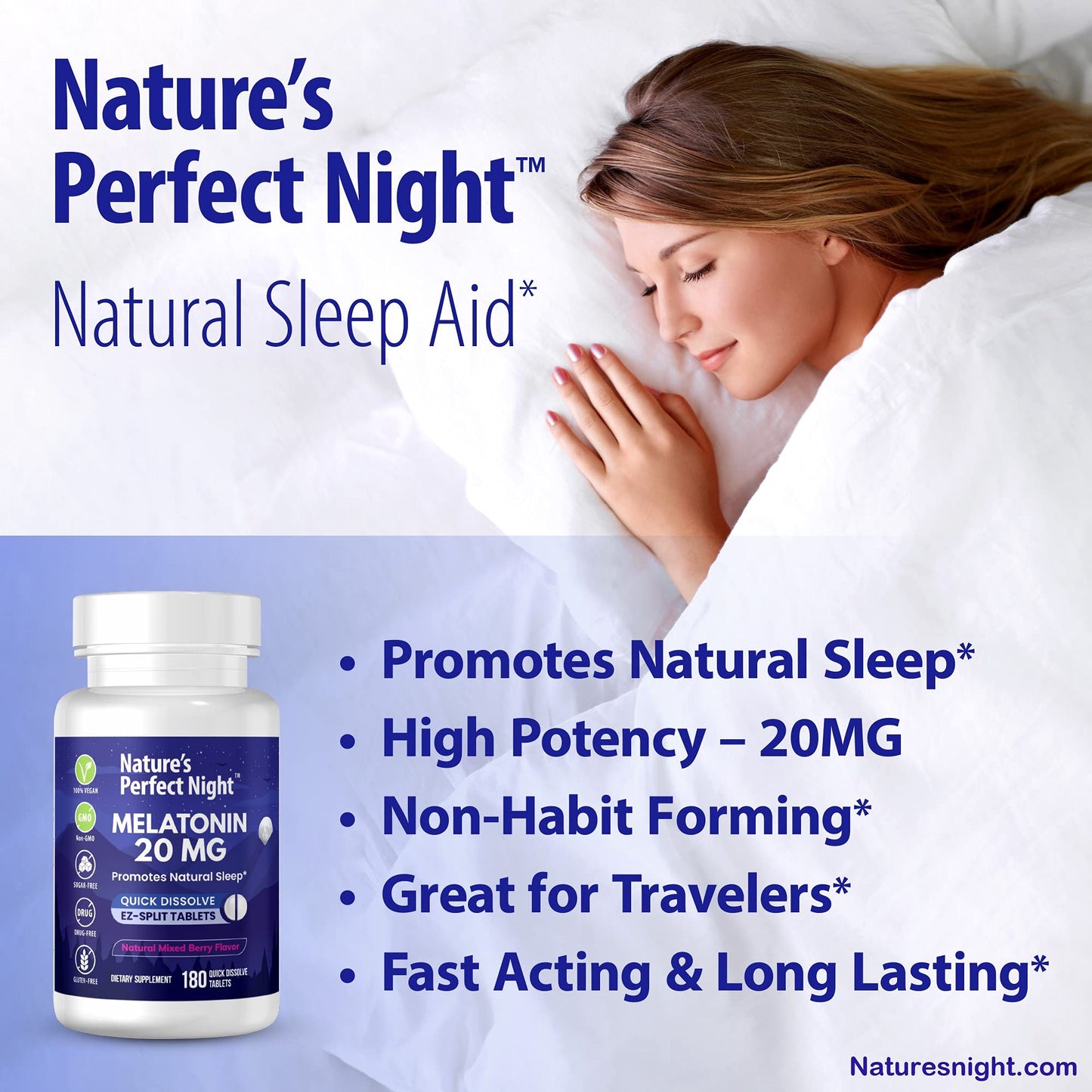 Nature's Perfect Night | Melatonin 20mg | 180 Quick Dissolve Tablets | Natural Mixed Berry Flavor |High Potency | Sugar Free Nature's Perfect Night