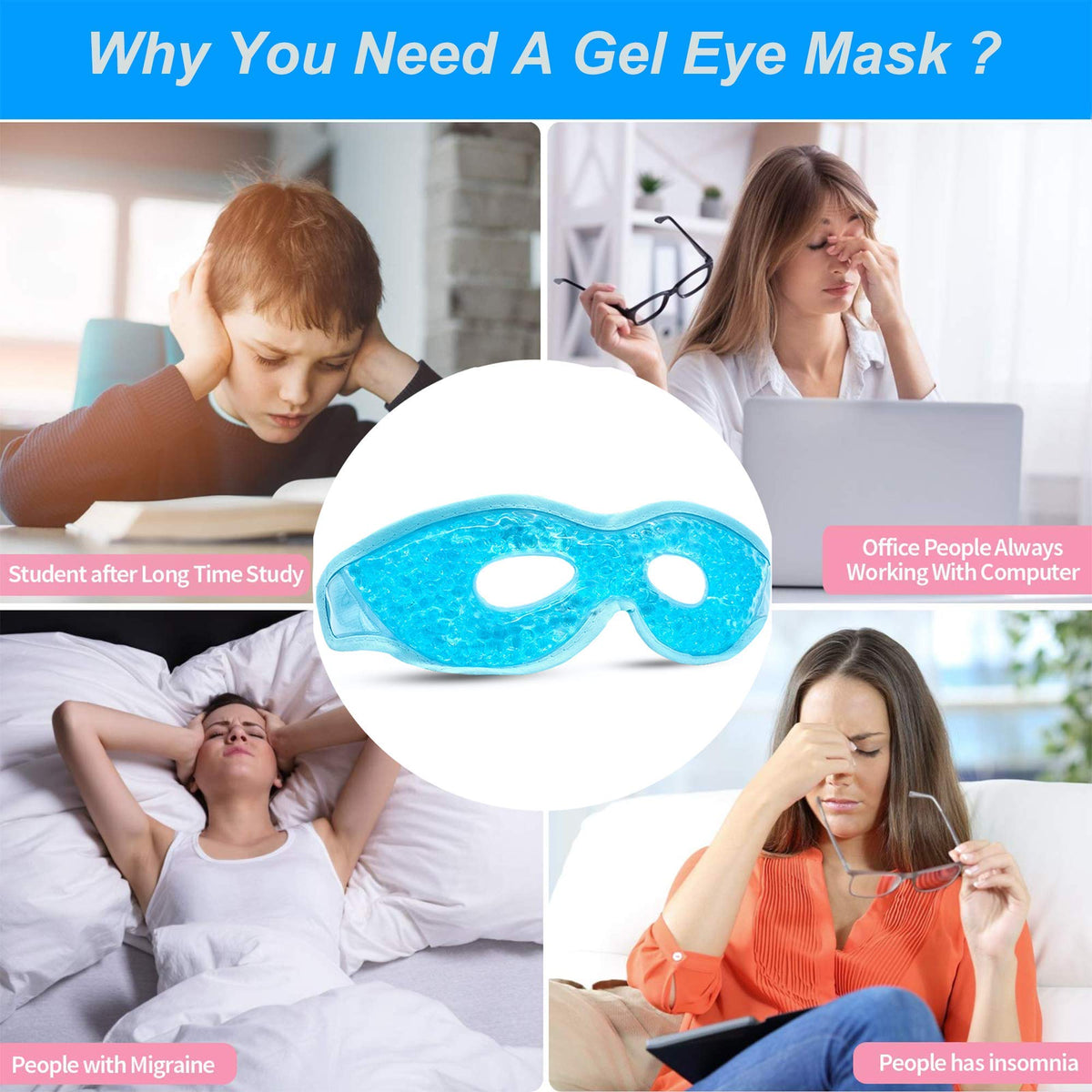 2PCS Gel Eye Mask Reusable Cold Therapy Gel Bead Eye Mask for Puffiness/Dark Circles/Eye Bags/Dry Eyes/Headaches/Migraines/Stress Relief (Blue) CONSGIJI