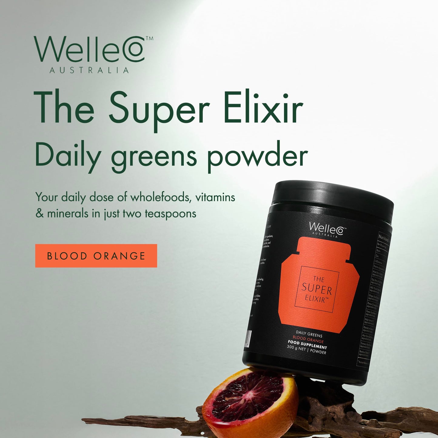 WelleCo The Super Elixir Daily Greens Powder, Probiotic Drink Mix with Whole Foods, Gluten Free, Vegan Gut Health Powder, Energy, Immunity, Healthy Skin, Hair & Nails (Jar, Blood Orange) WelleCo