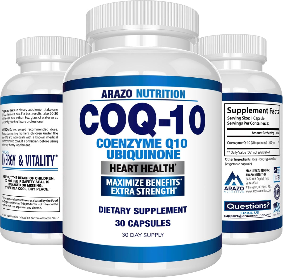 Arazo Nutrition CoQ10 Ubiquinone Coenzyme Q10-200mg Per Serving Maximum Strength Nutritional Supplement - High Absorption Capsules with No Soy Gsupps Australia