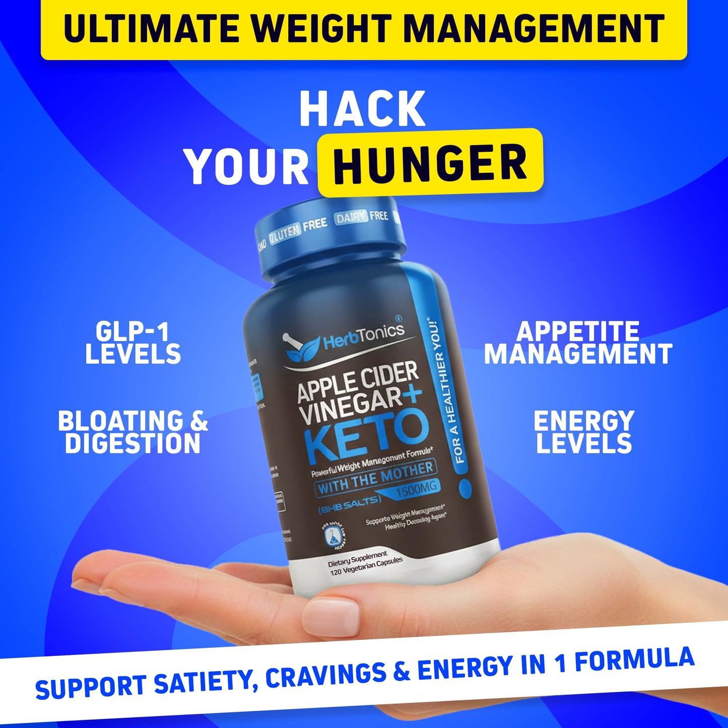 Herbtonics Apple Cider Vinegar + Keto BHB Capsules | Support for Appetite, Cravings & Weight Management | Metabolism Support with Satiety Support Herbtonics