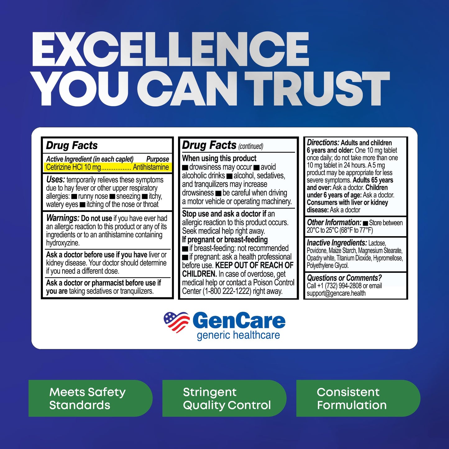GenCare - Cetirizine HCL 10 mg (200 Caplets) - 24 Hour Allergy Relief Pills - Non Drowsy Generic OTC Allergy Medication - Antihistamine Medicine for Sneezing, Runny Nose & Itchy Eyes - Generic Zyrtec GenCare